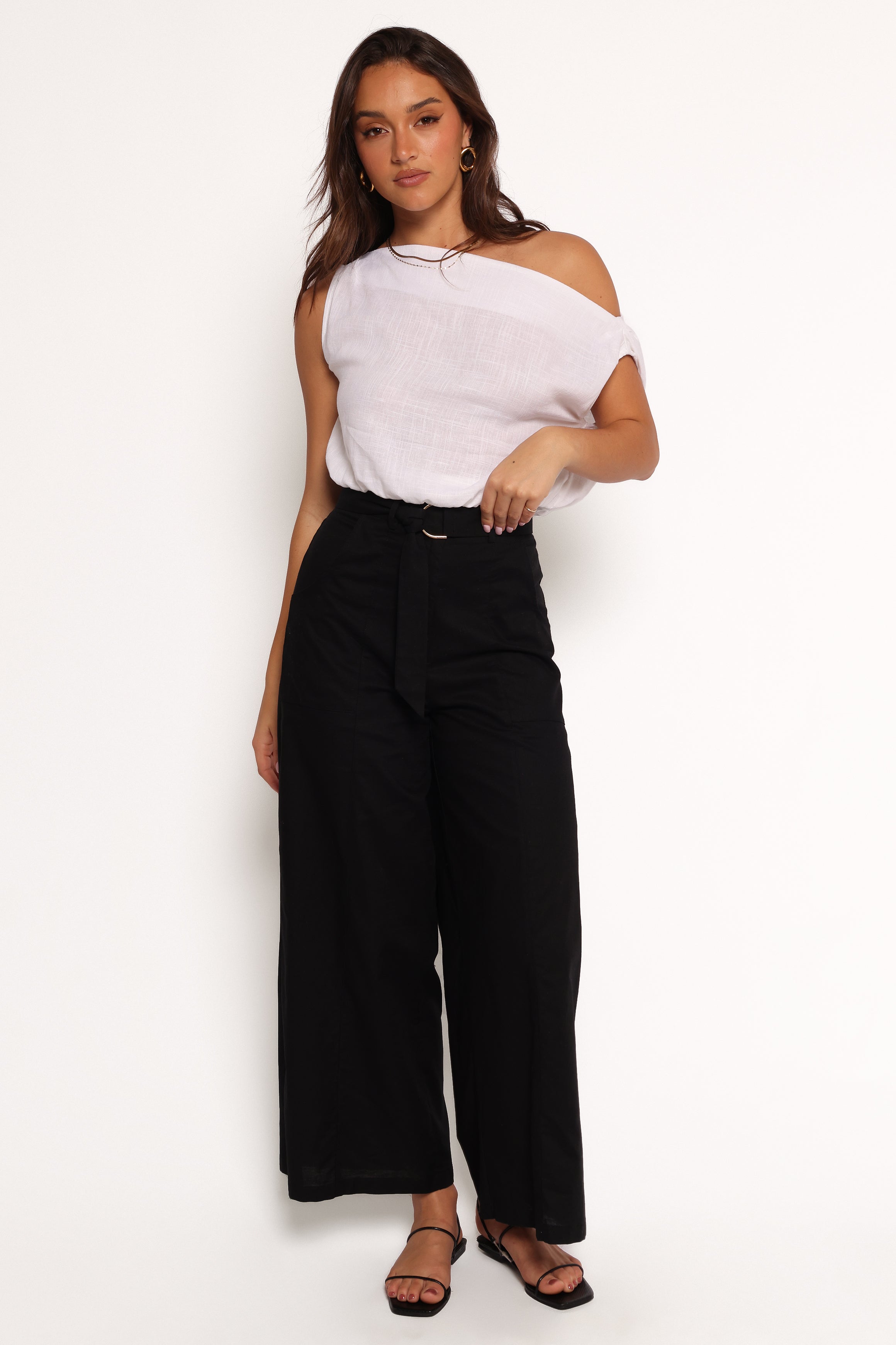 Sadie High Waisted Wide Leg Pants with Belt - Black Cotton Linen