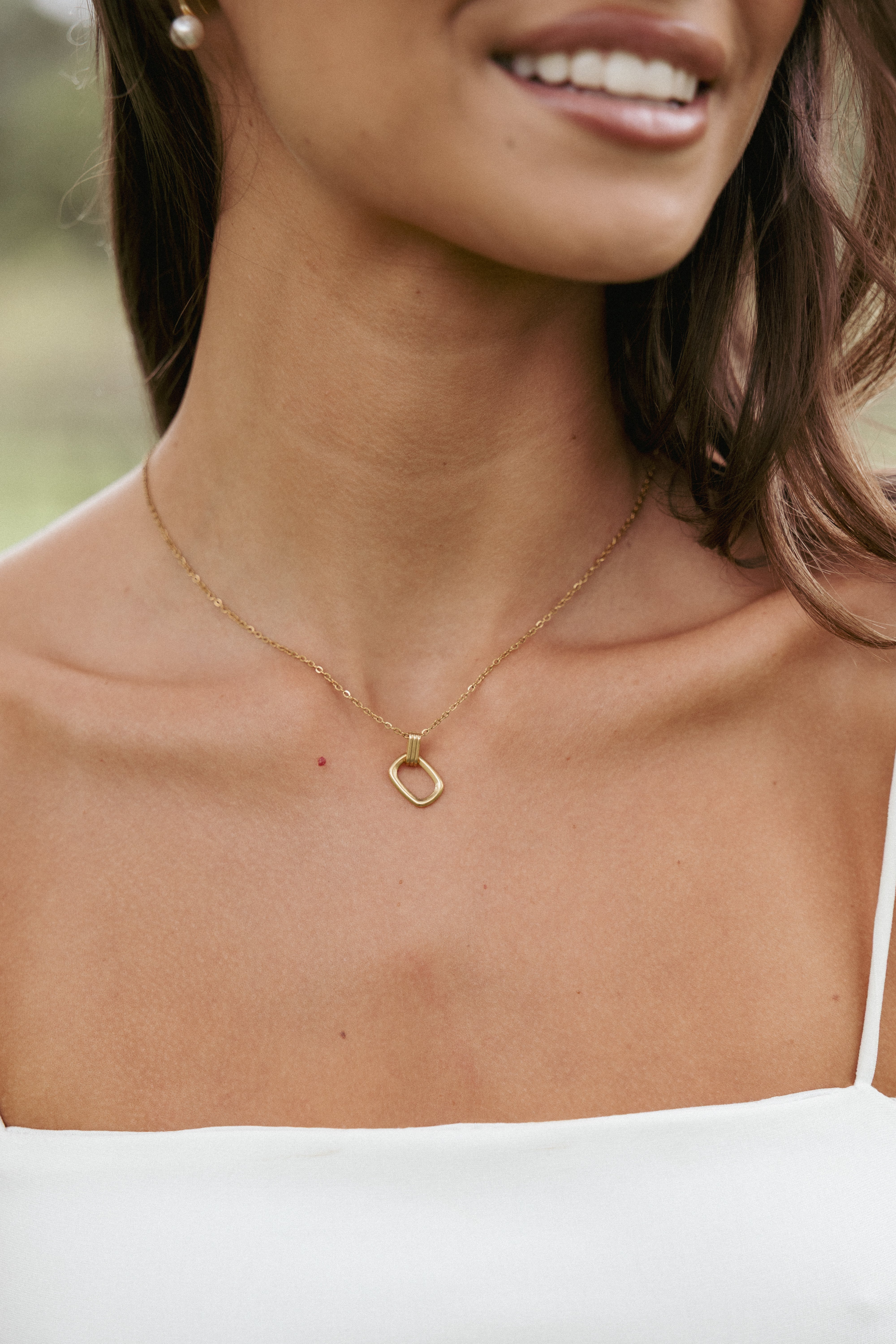 Gold Square Pendant Necklace with Link Chain - Cagnes