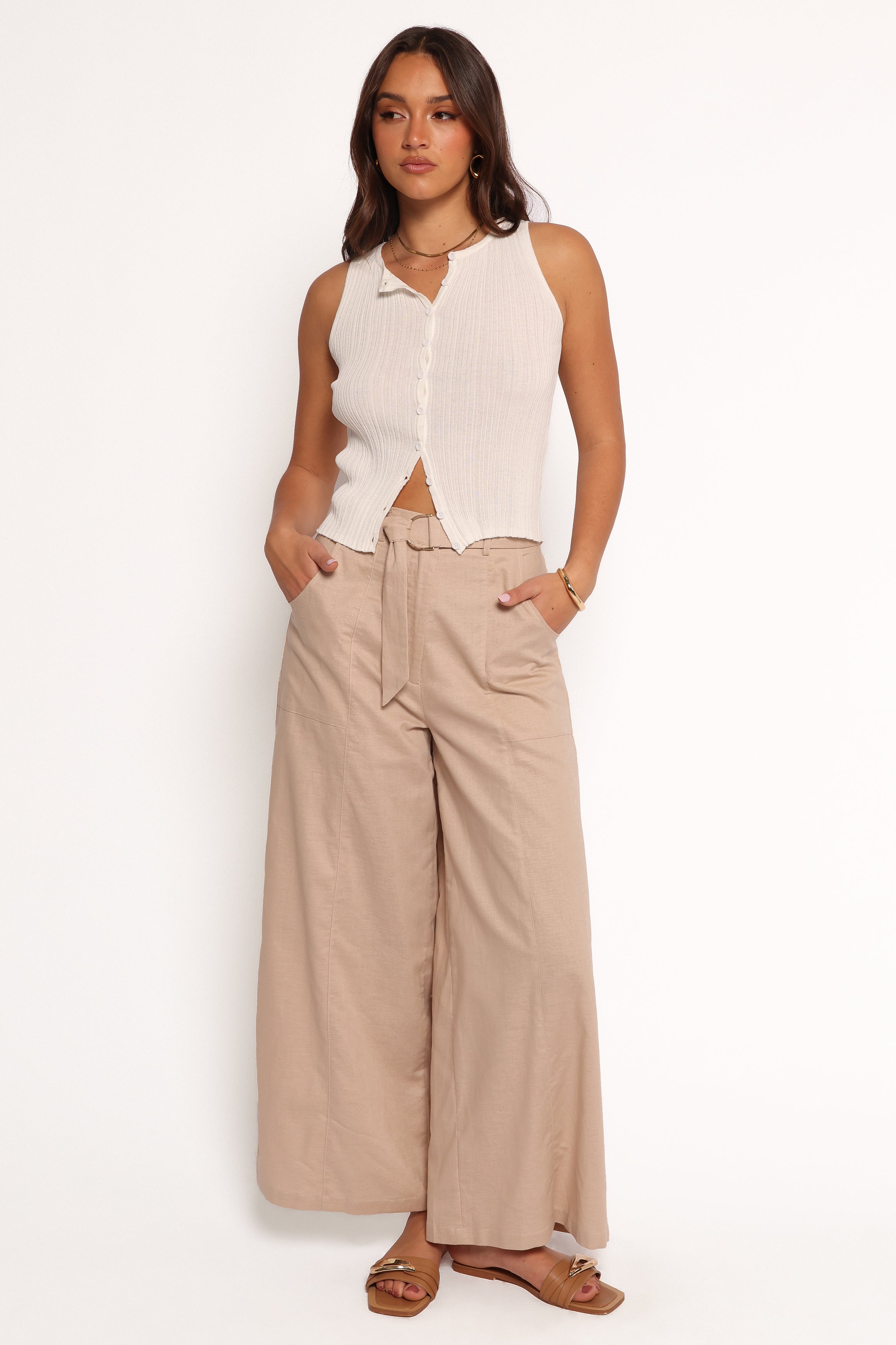 Sadie High Waisted Wide Leg Pants - Oatmeal Cotton Linen