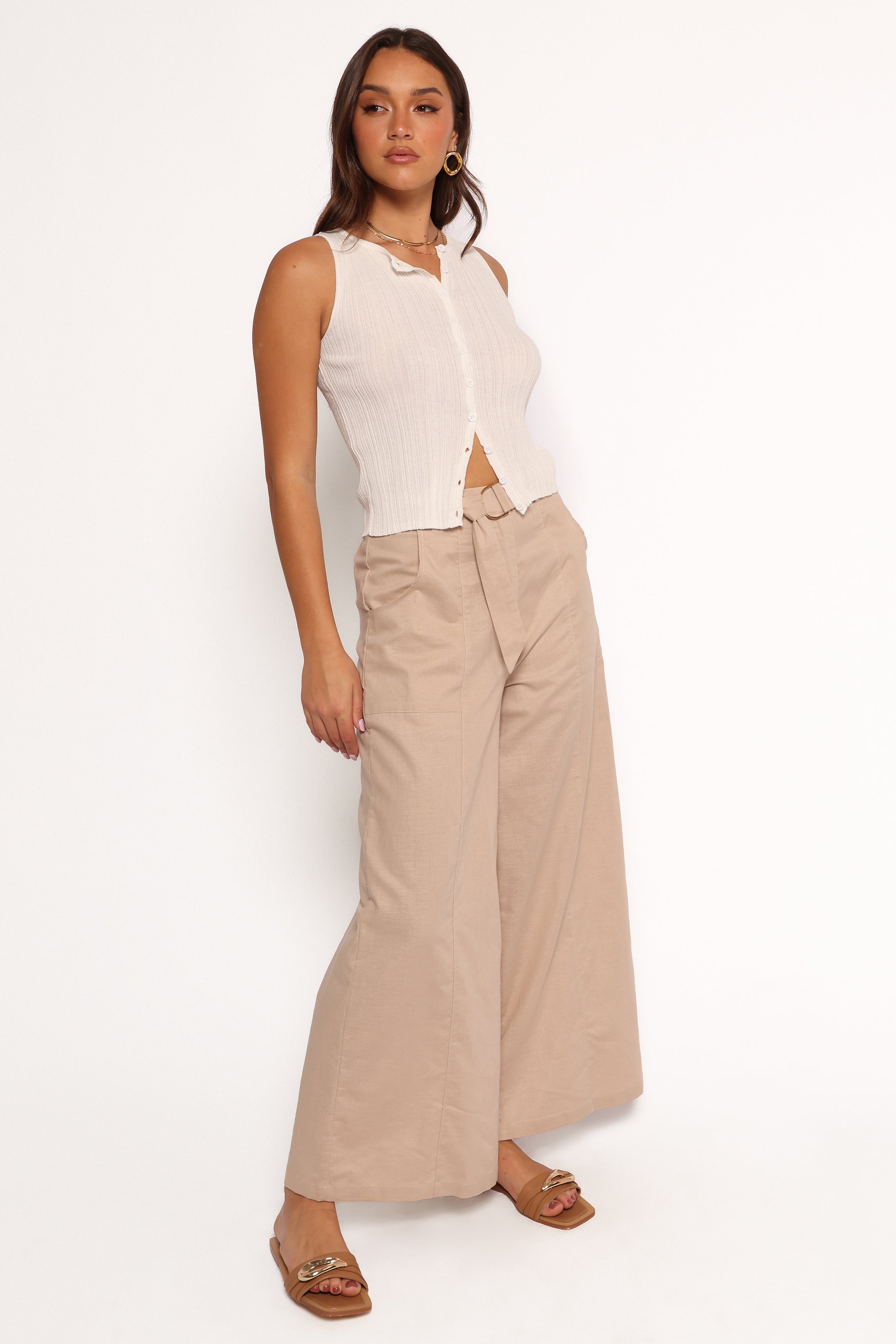 Sadie High Waisted Wide Leg Pants - Oatmeal Cotton Linen