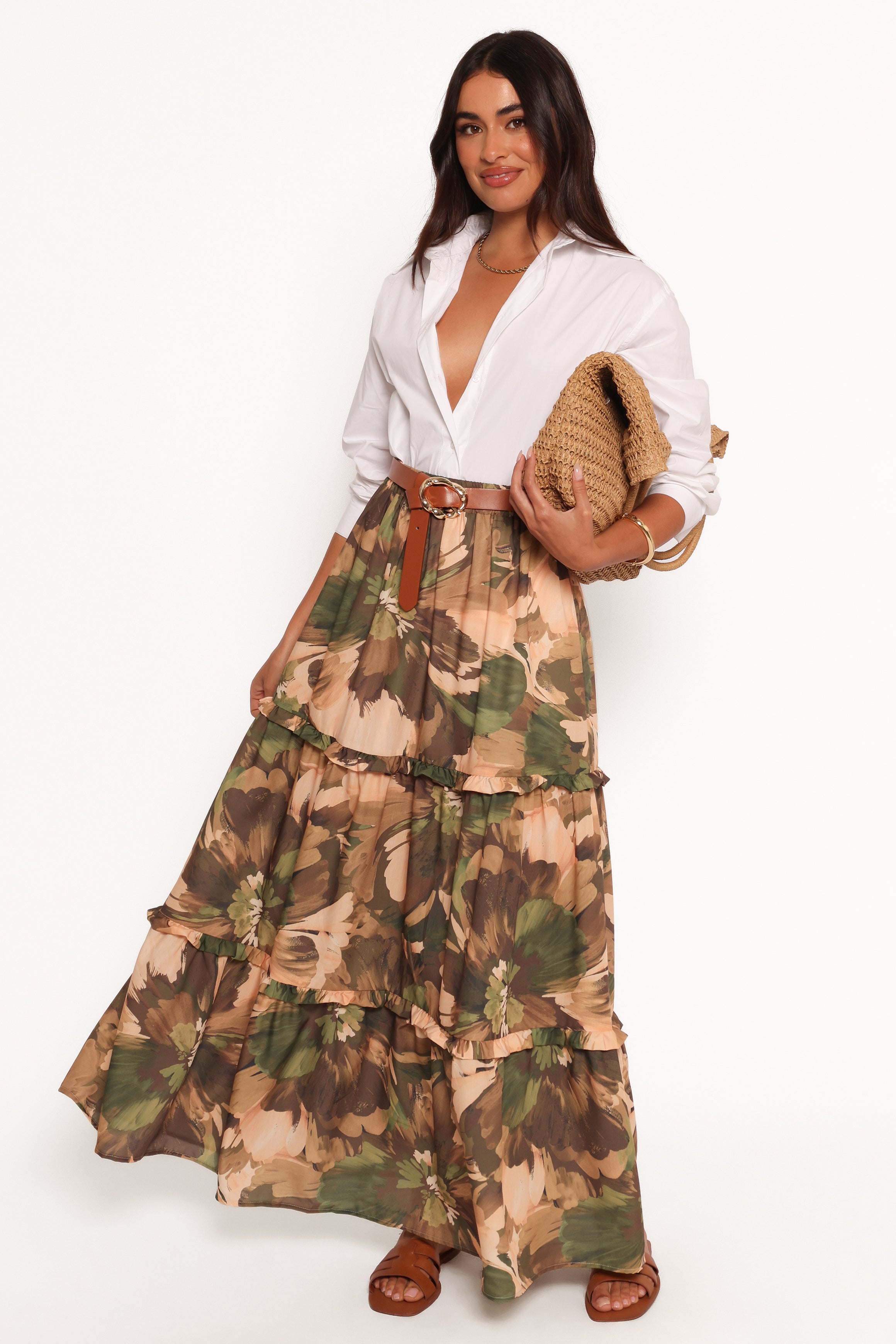 Floral Midi Skirt - High Waisted Cotton with Elastic Waistband