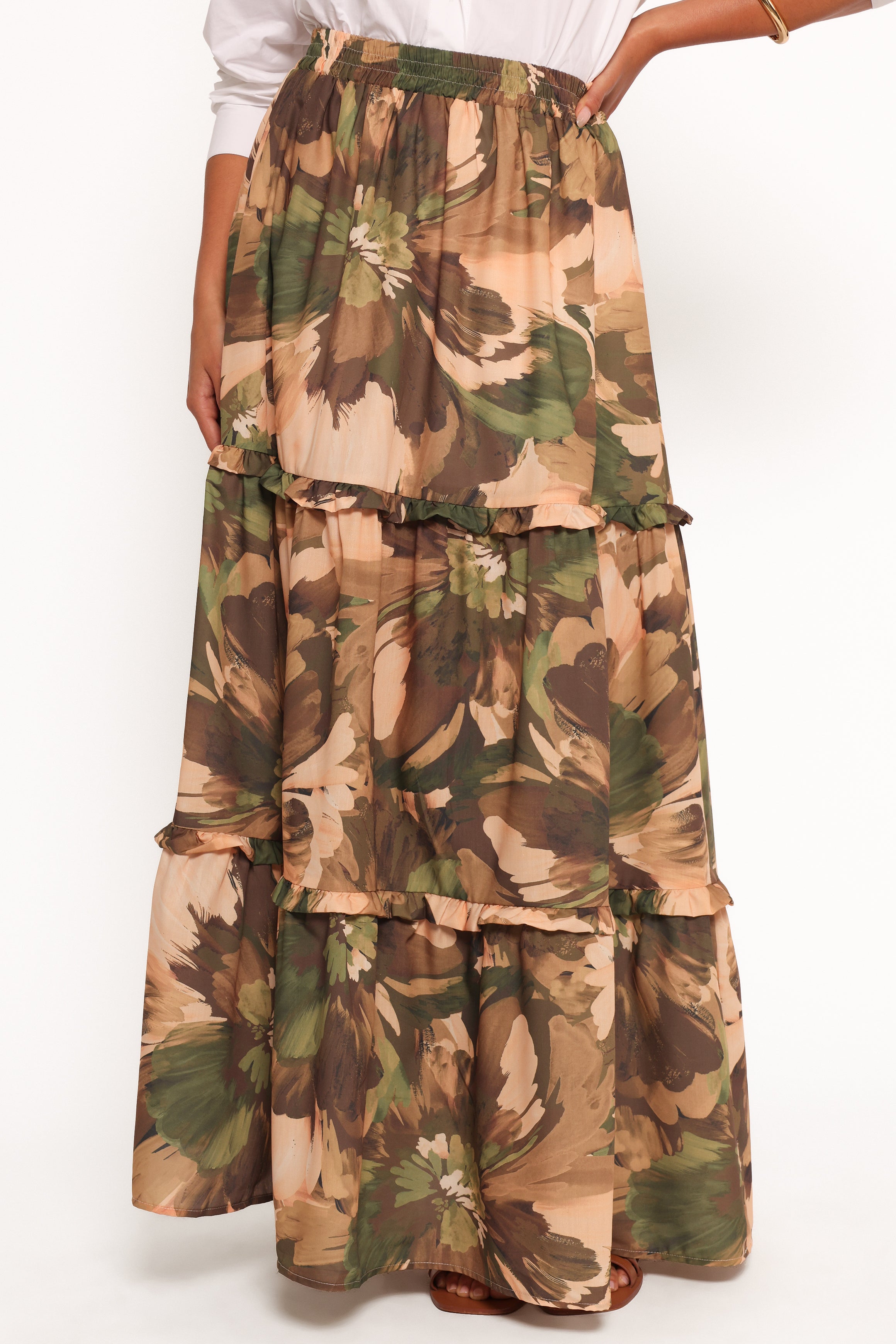 Floral Midi Skirt - High Waisted Cotton with Elastic Waistband
