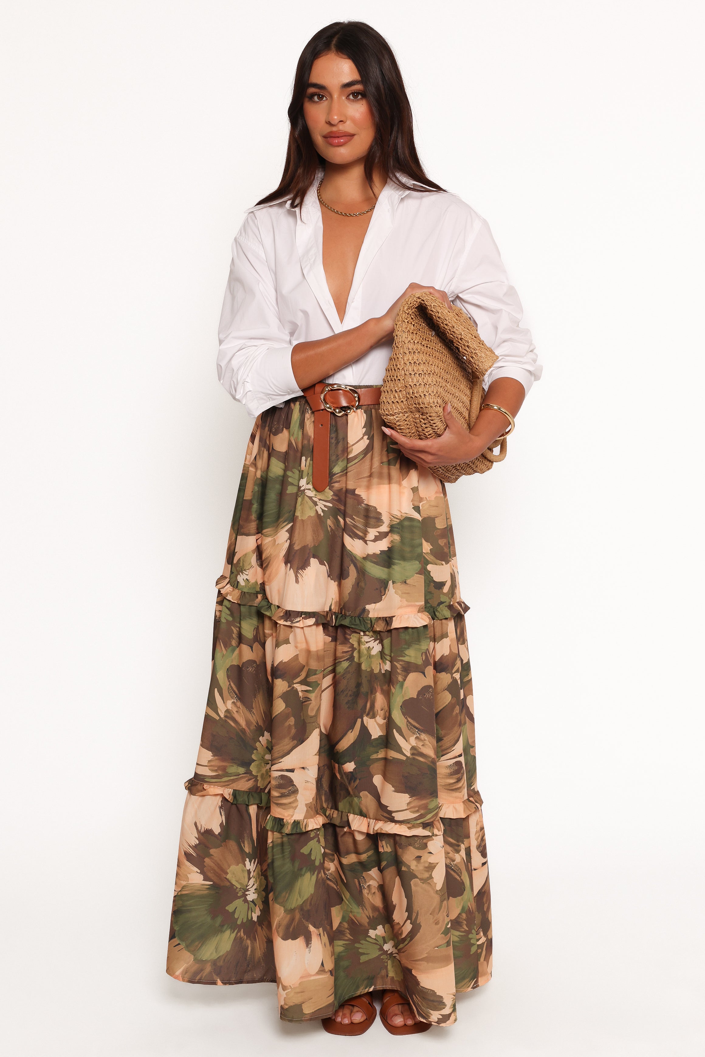 Floral Midi Skirt - High Waisted Cotton with Elastic Waistband
