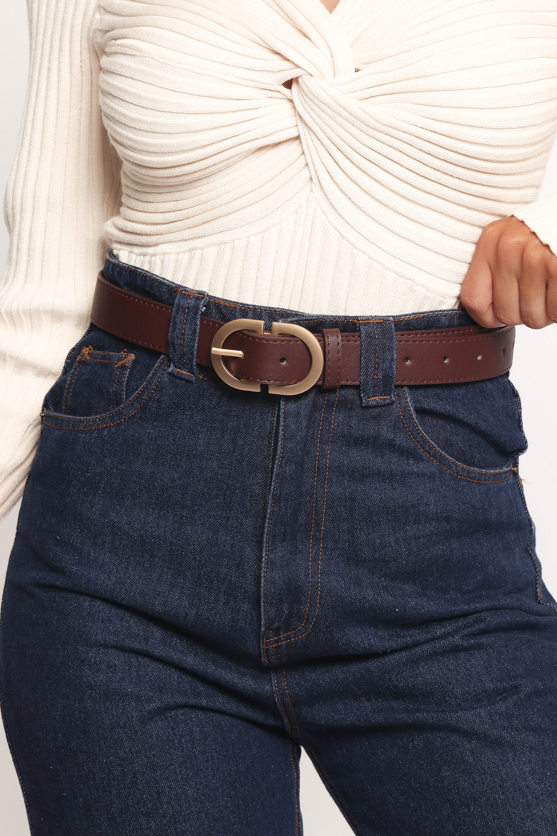 Abbott Faux Leather Belt with Gold Buckle - Dark Brown