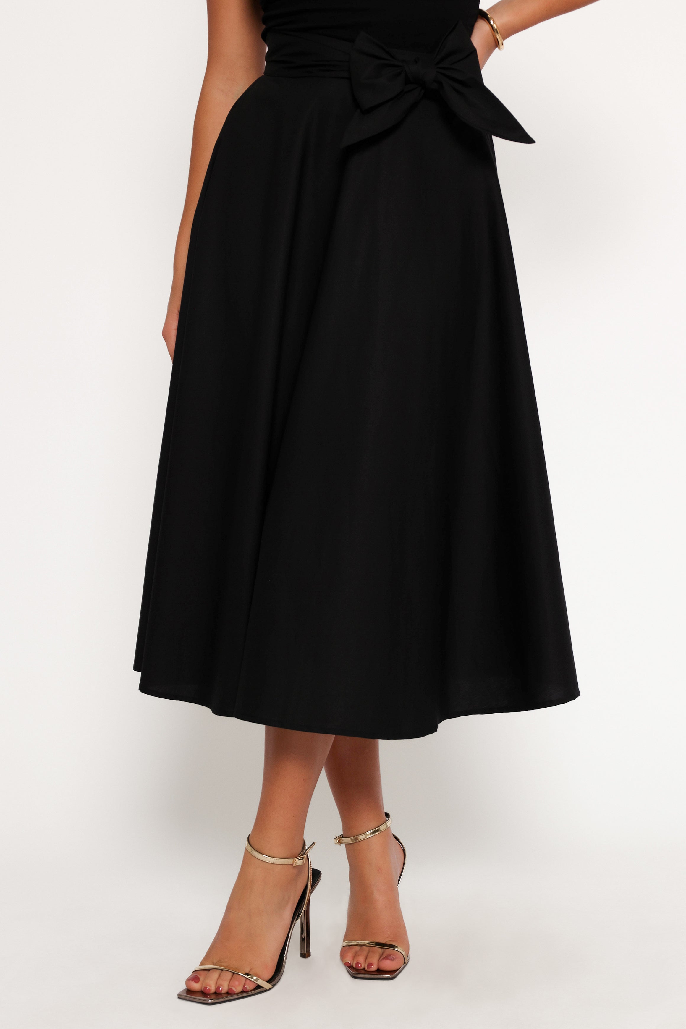 Black Alessandra A-Line Midi Skirt with Elastic Waistband - Cotton