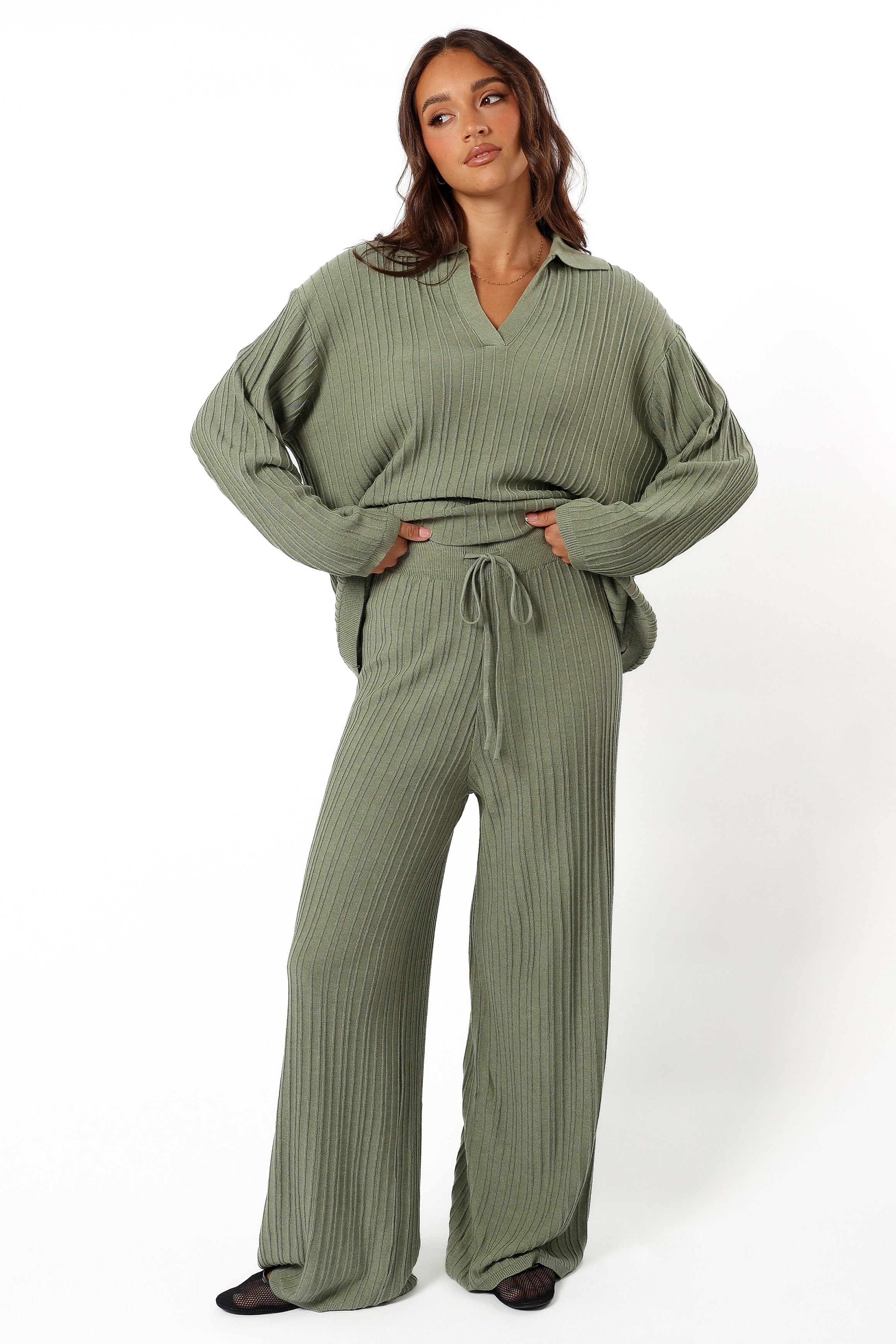 Sonole High Waist Cable Knit Wide Leg Pants - Khaki