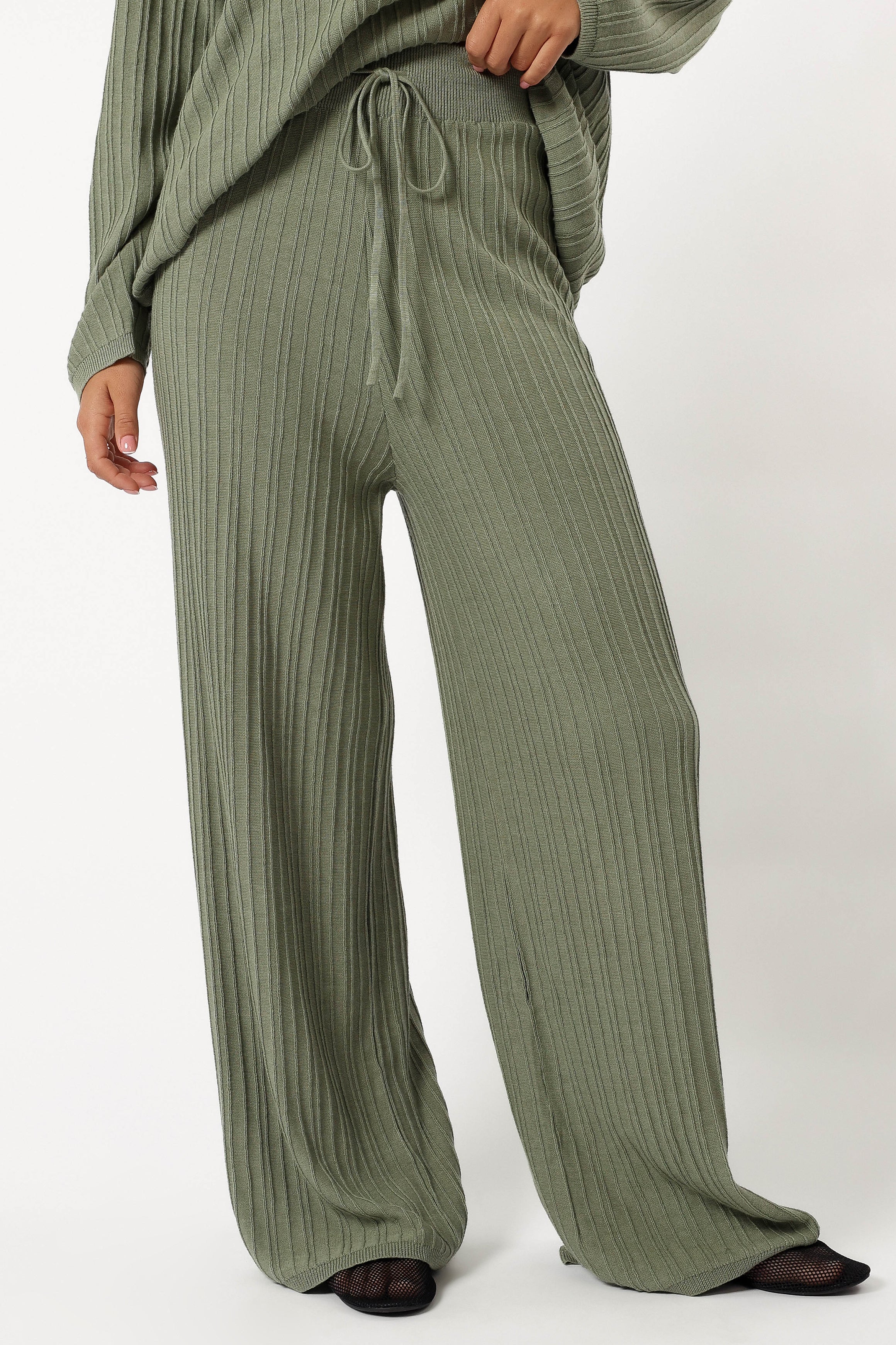 Sonole High Waist Cable Knit Wide Leg Pants - Khaki