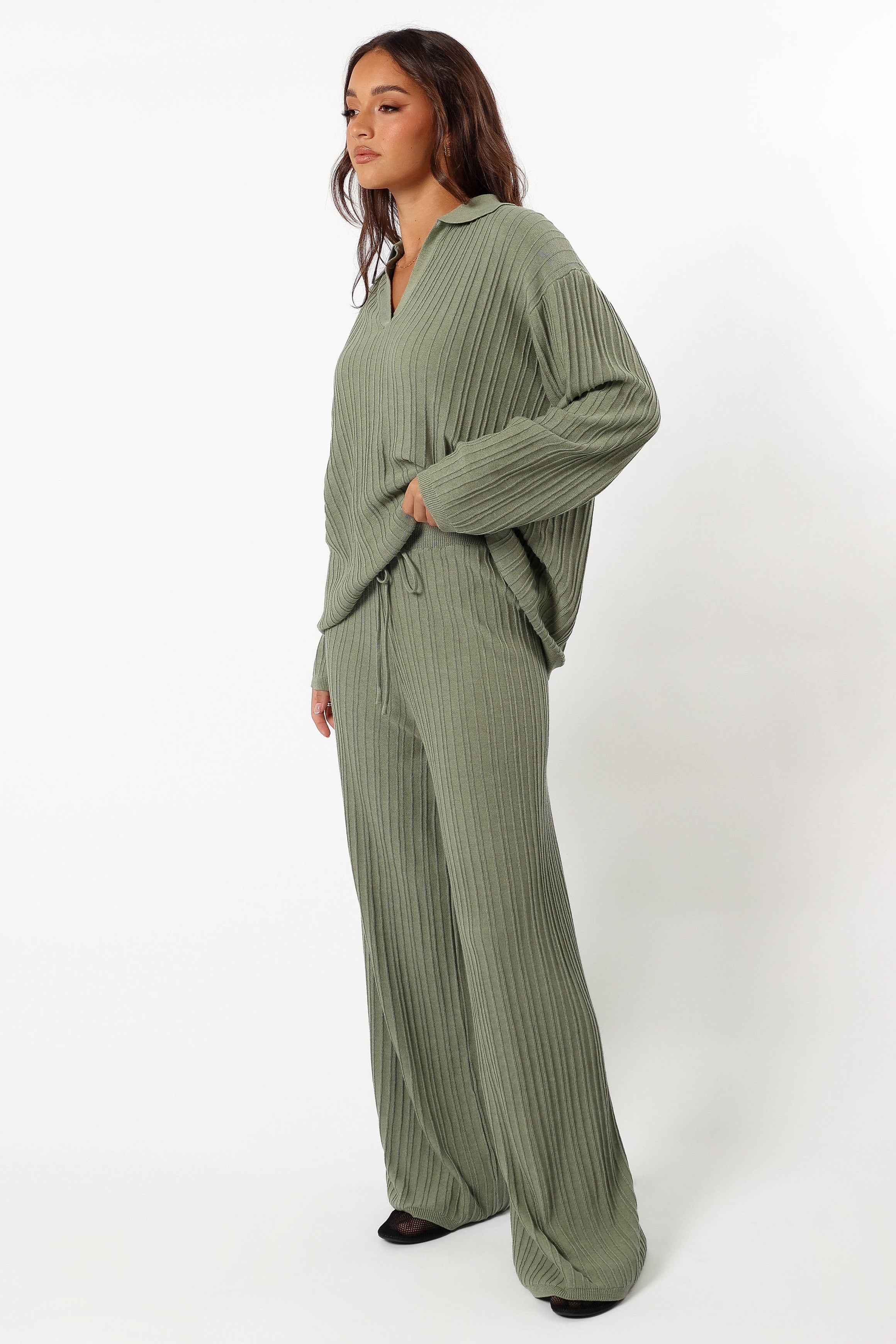 Sonole High Waist Cable Knit Wide Leg Pants - Khaki