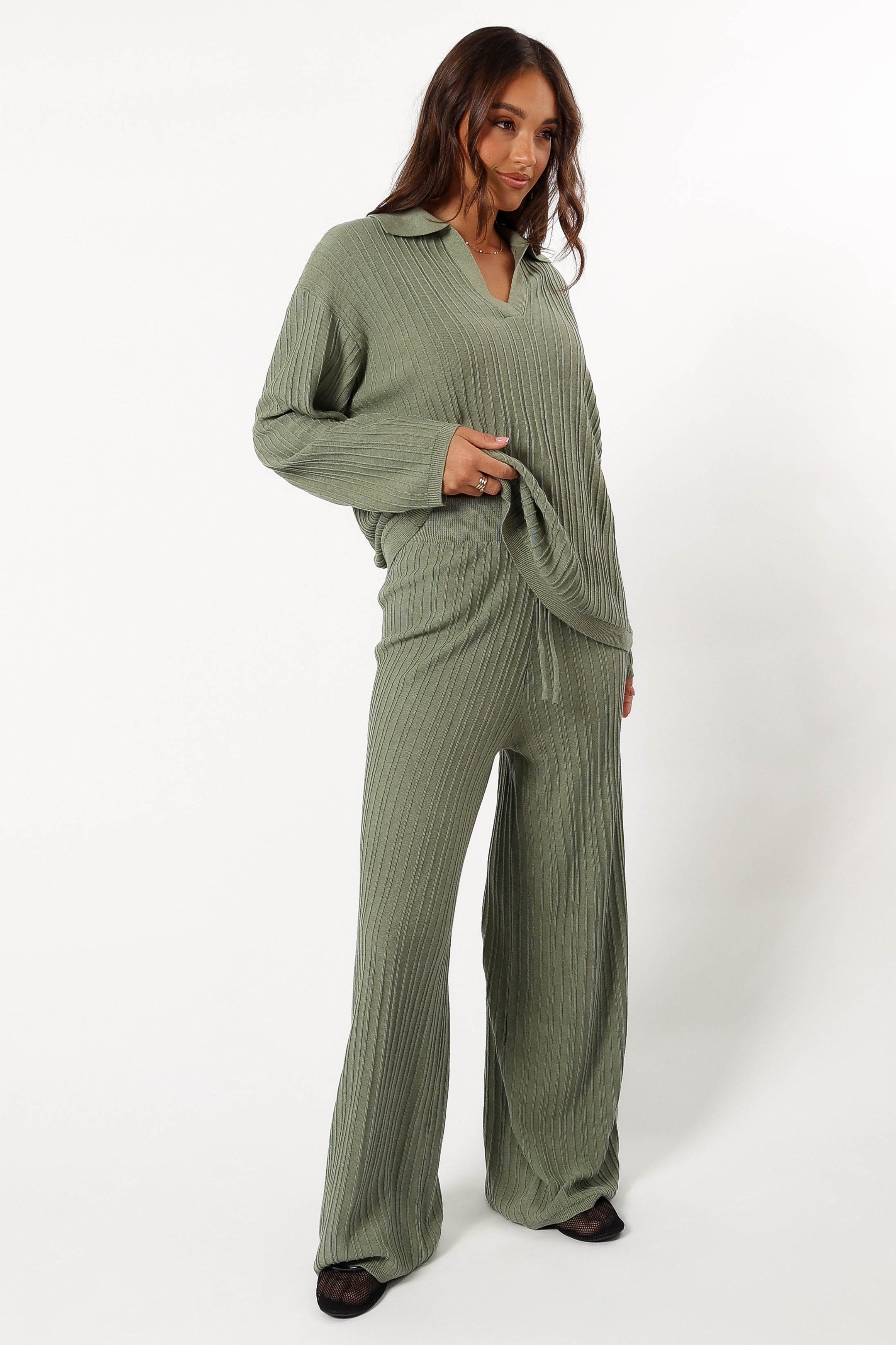 Sonole High Waist Cable Knit Wide Leg Pants - Khaki