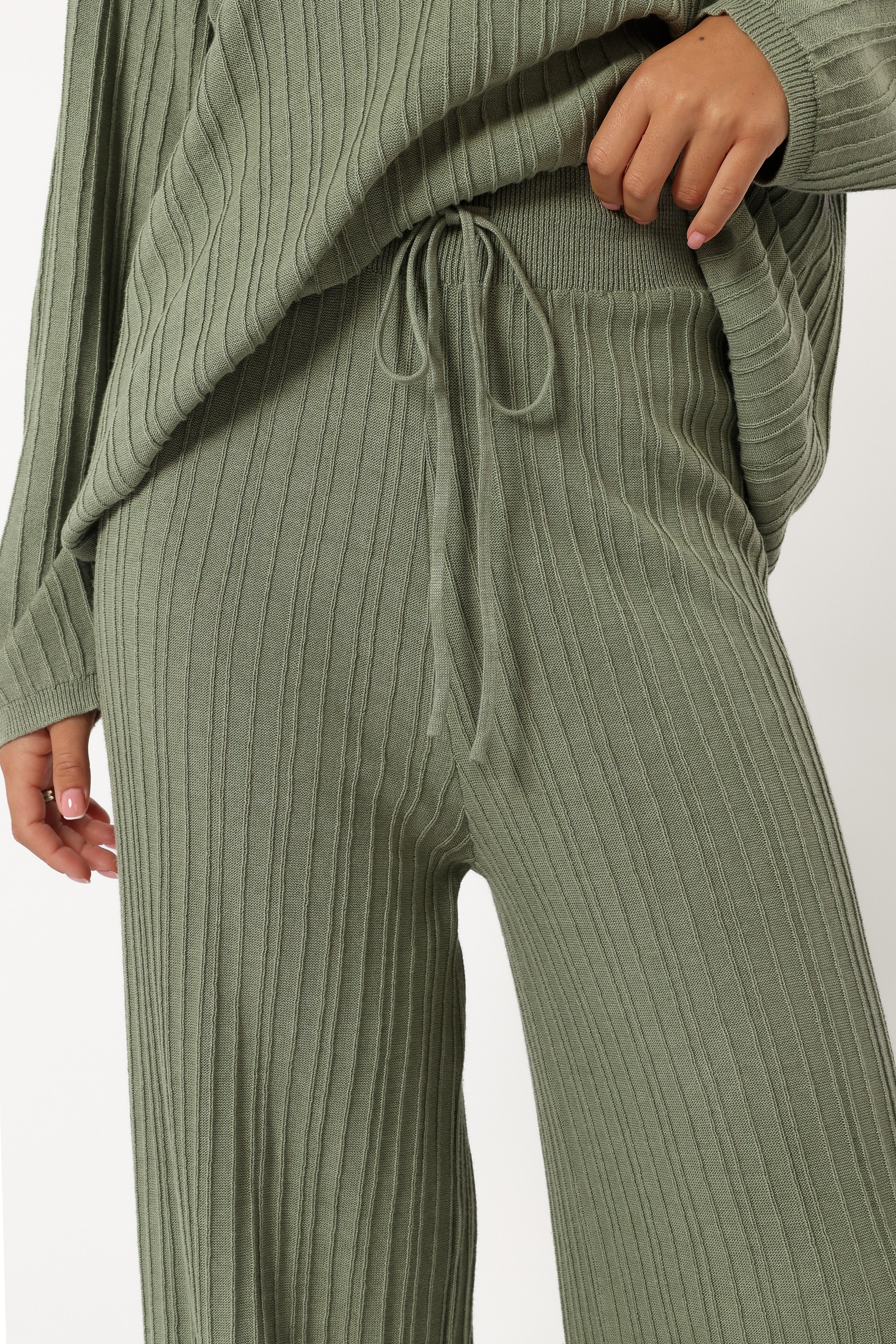 Sonole High Waist Cable Knit Wide Leg Pants - Khaki