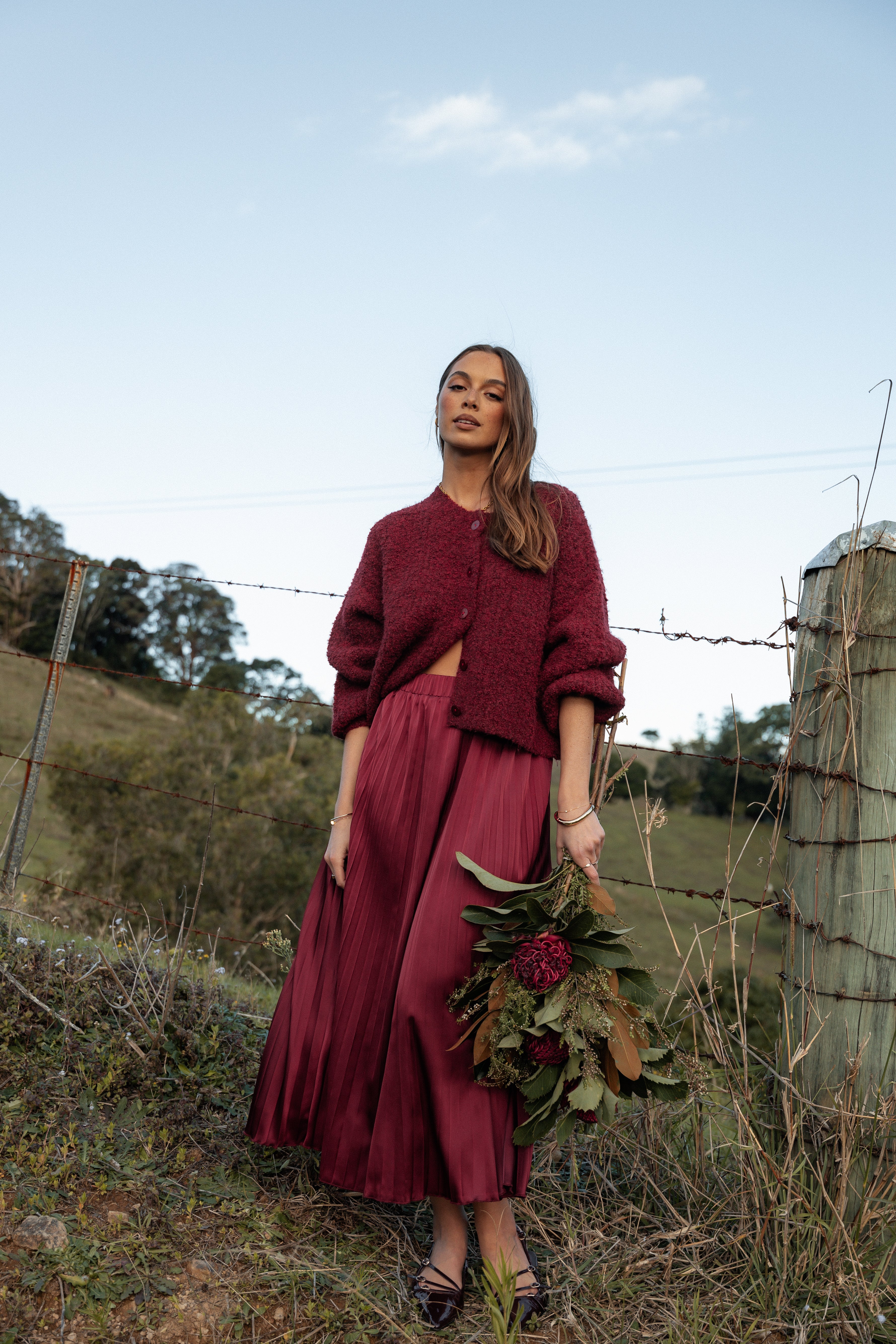 Burgundy Satin Pleated Maxi Skirt with Elastic Waist - Lysandra