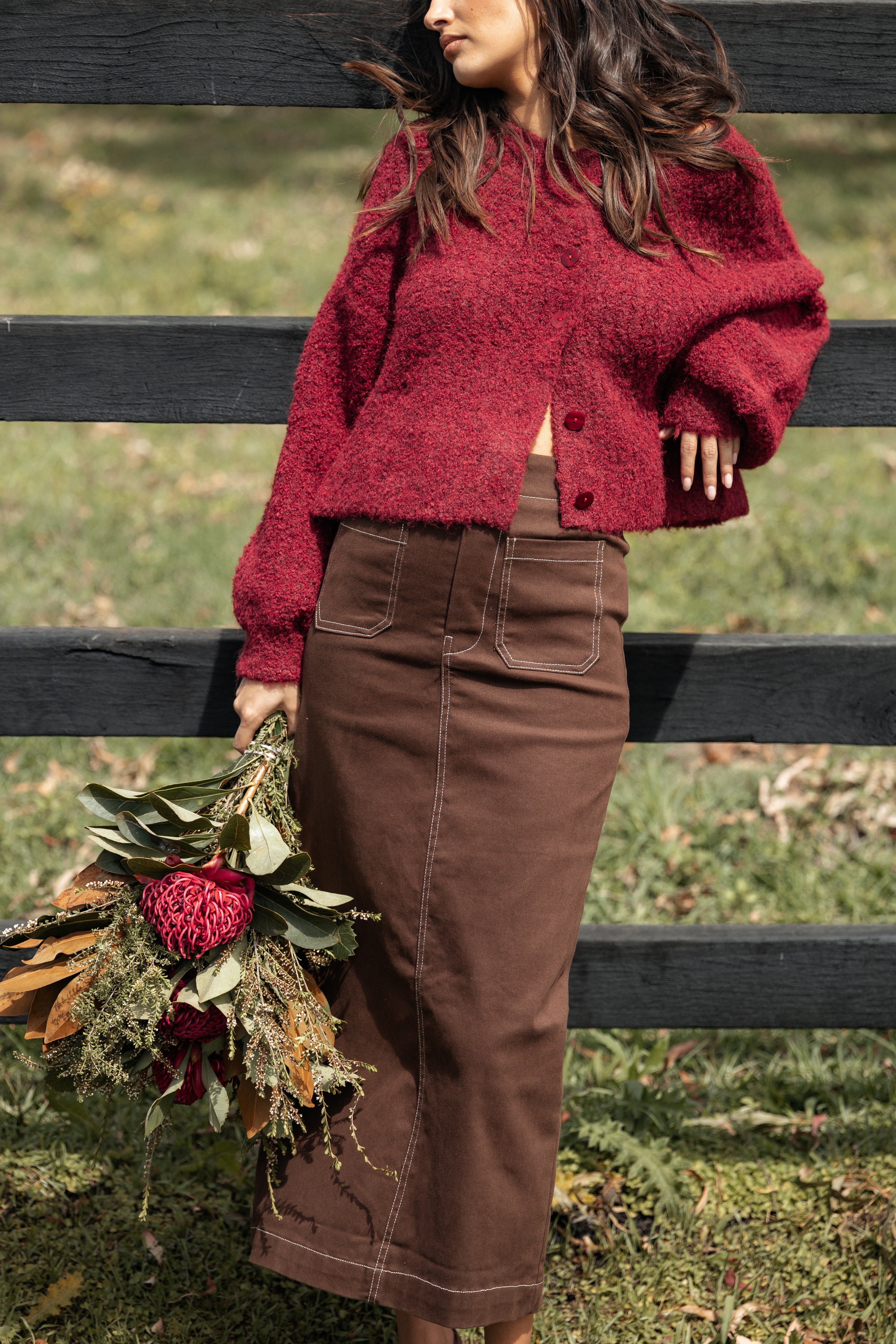 Nikko Cotton Midi Skirt with Pockets - Chocolate Brown