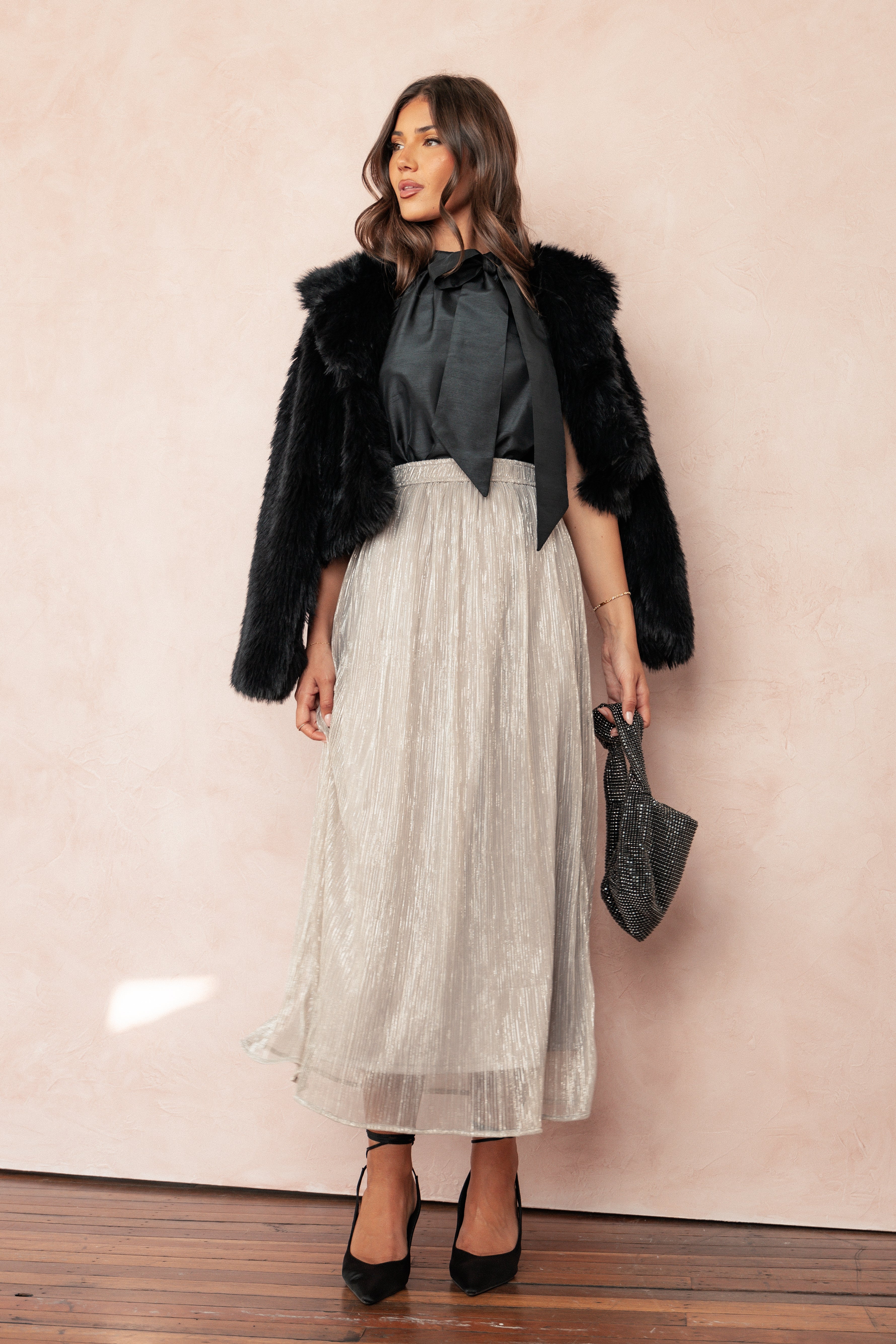 Silver Tricia Maxi Skirt - Elastic Waist A-Line Design
