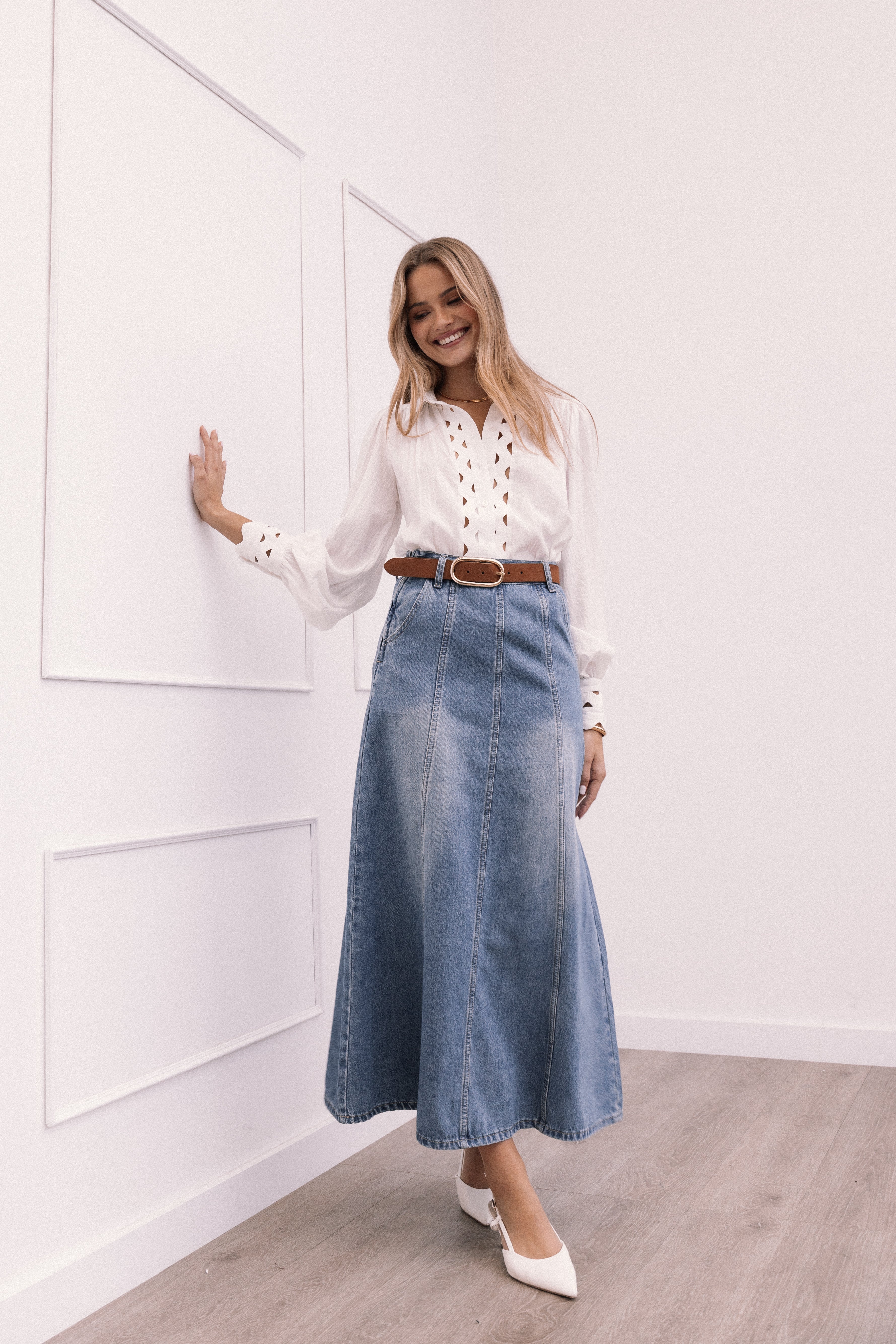 Gwen A-Line Maxi Denim Skirt with Elastic Waistband - 100% Cotton