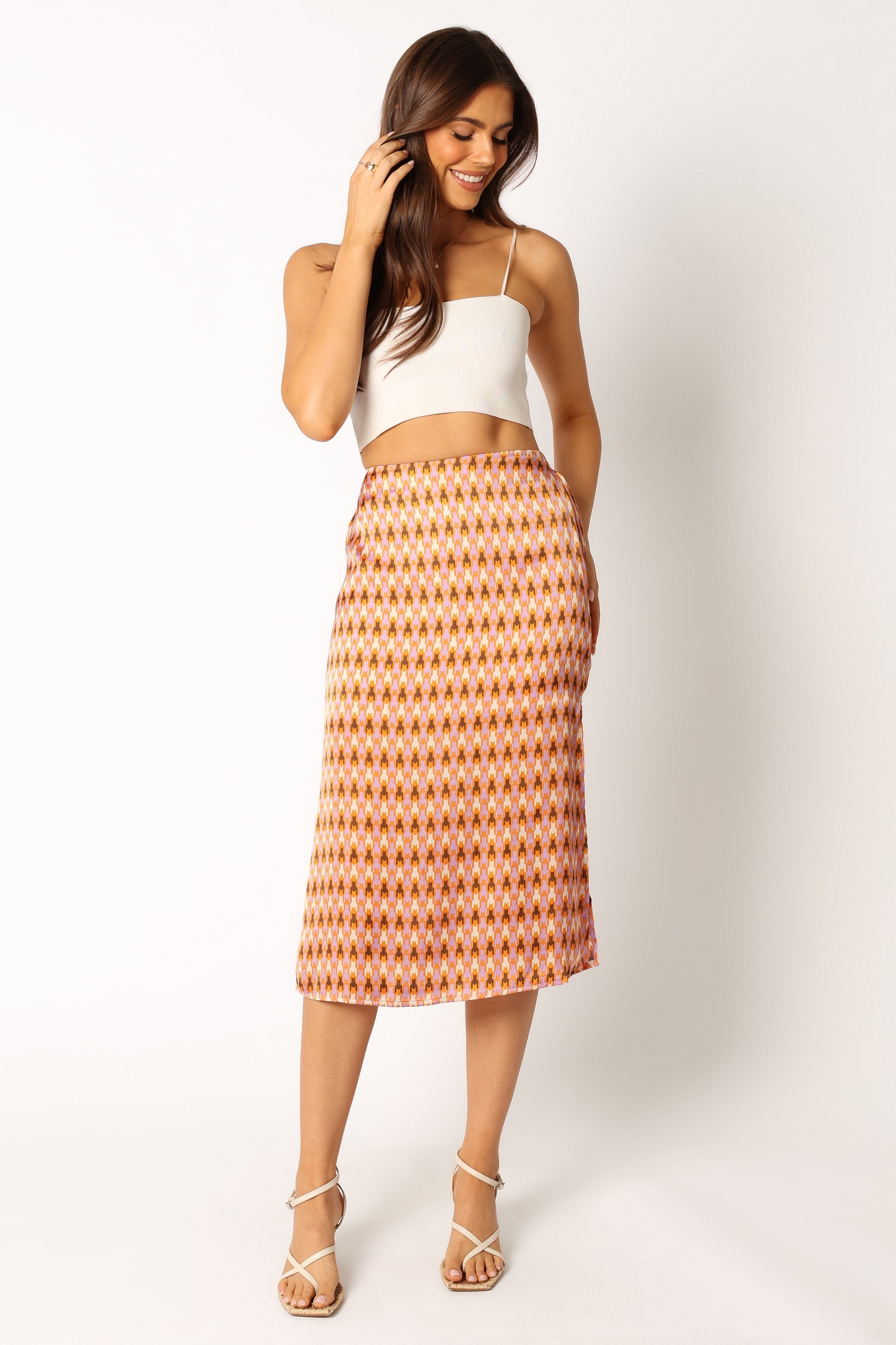 Marley Geometric Print Satin Midi Skirt with Side Split