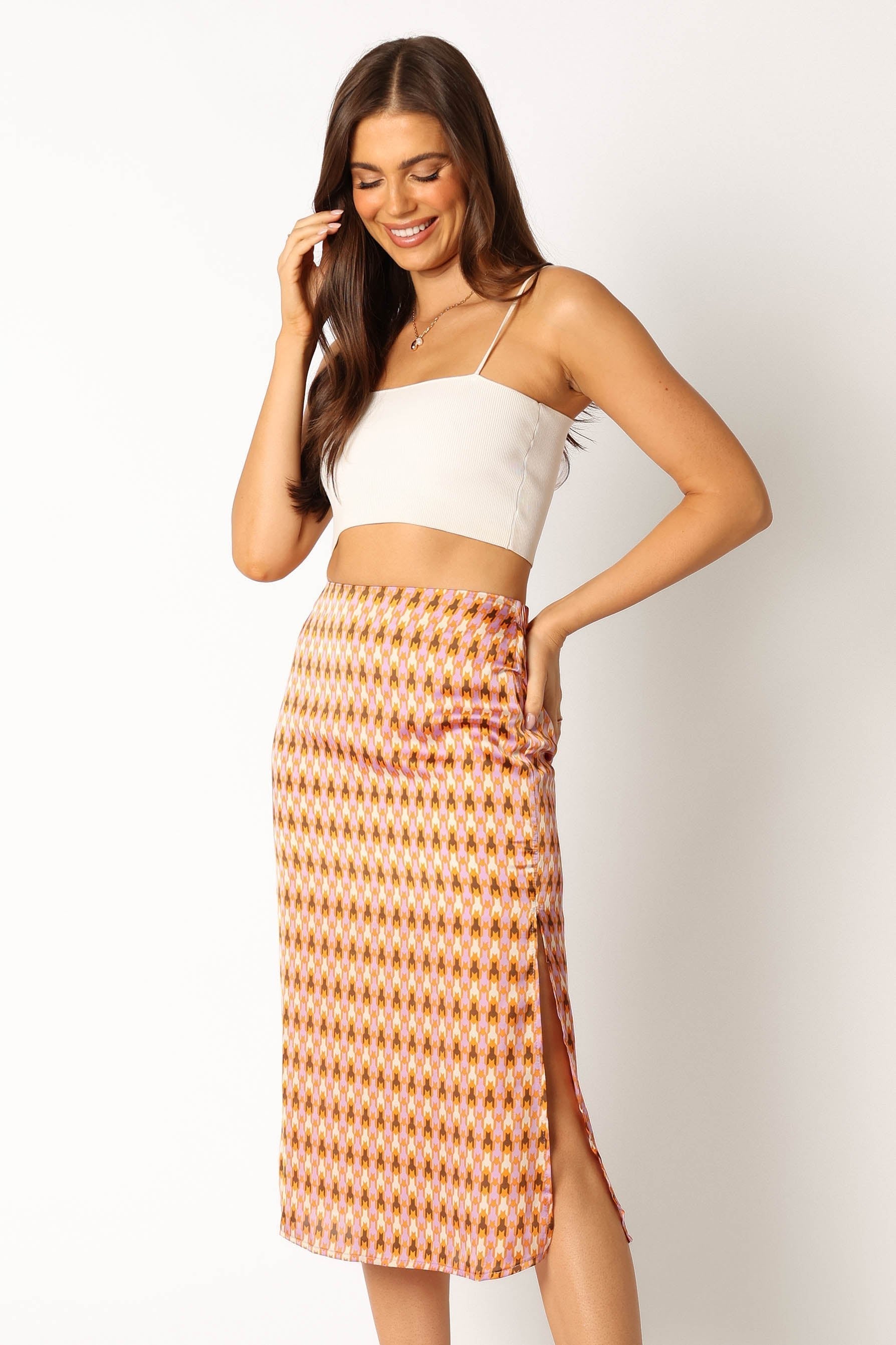 Marley Geometric Print Satin Midi Skirt with Side Split