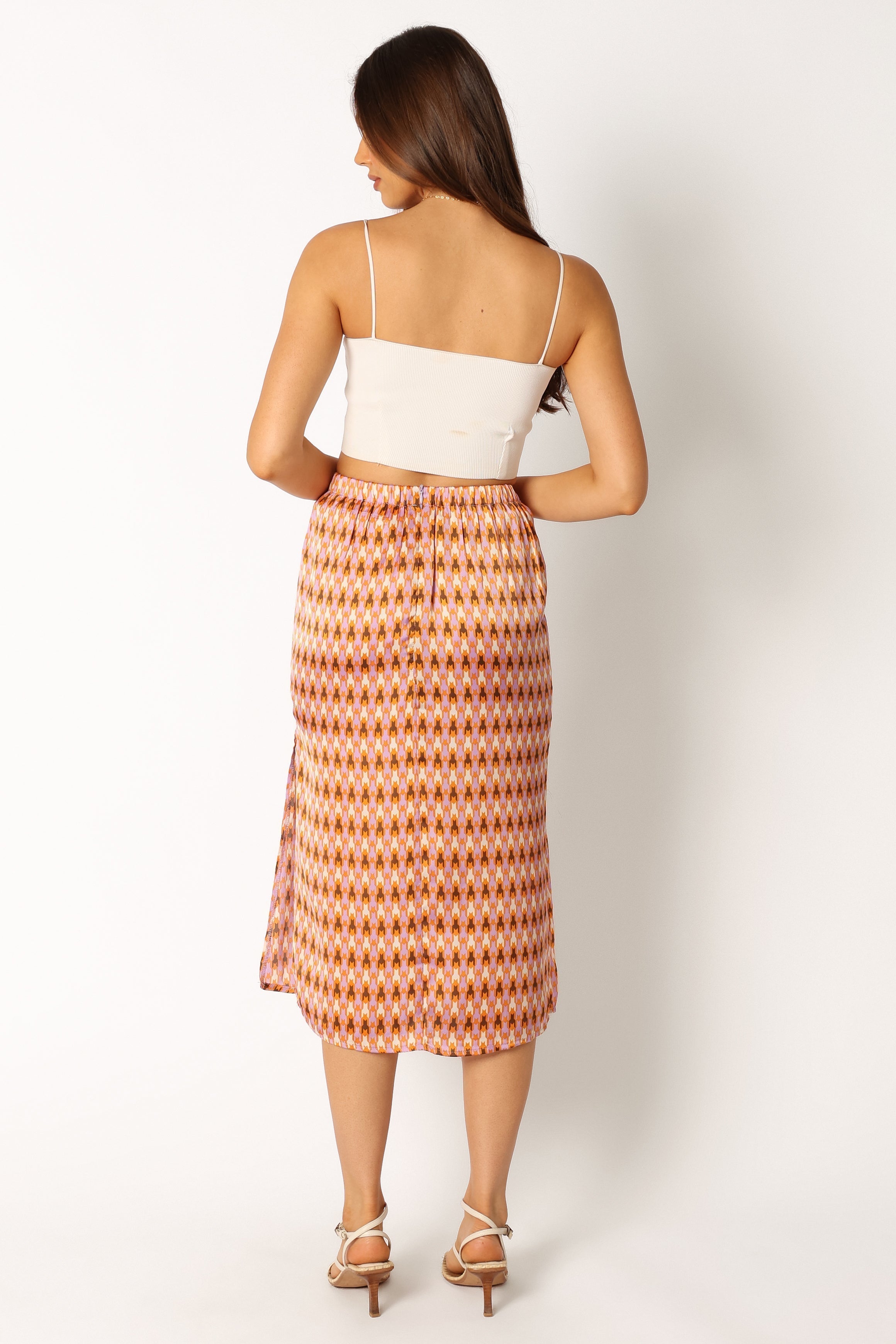 Marley Geometric Print Satin Midi Skirt with Side Split