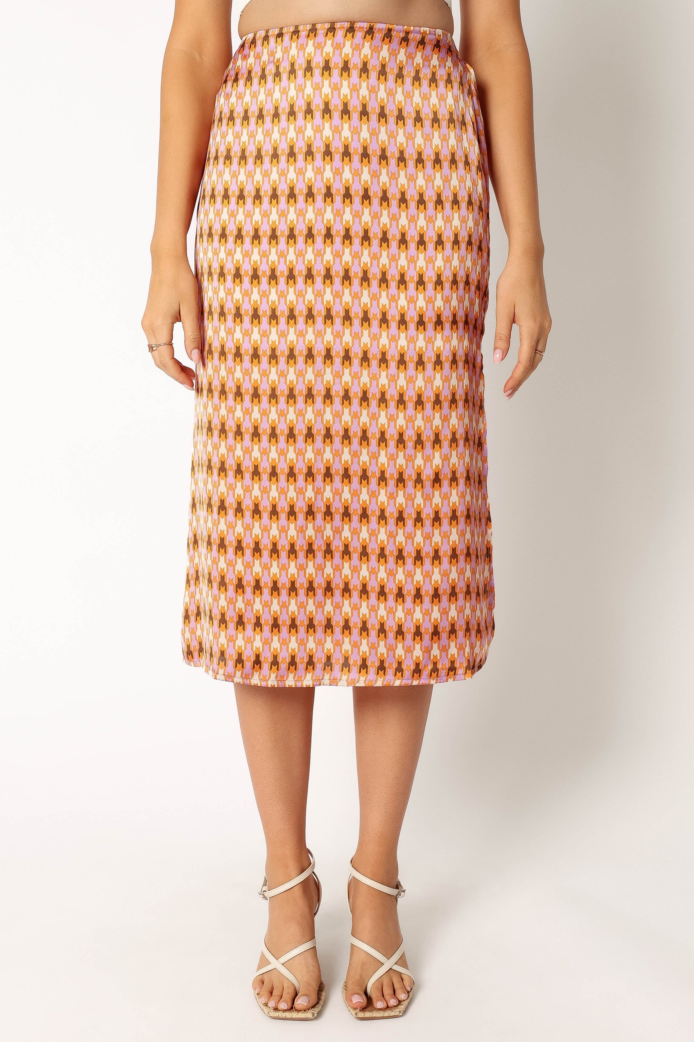 Marley Geometric Print Satin Midi Skirt with Side Split