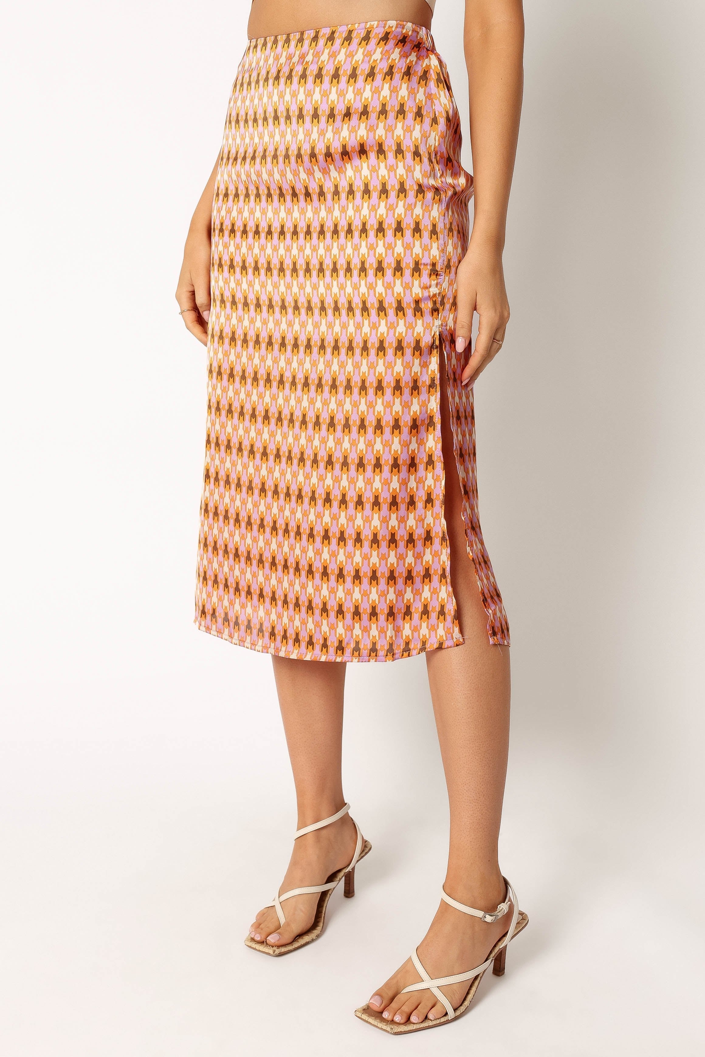 Marley Geometric Print Satin Midi Skirt with Side Split