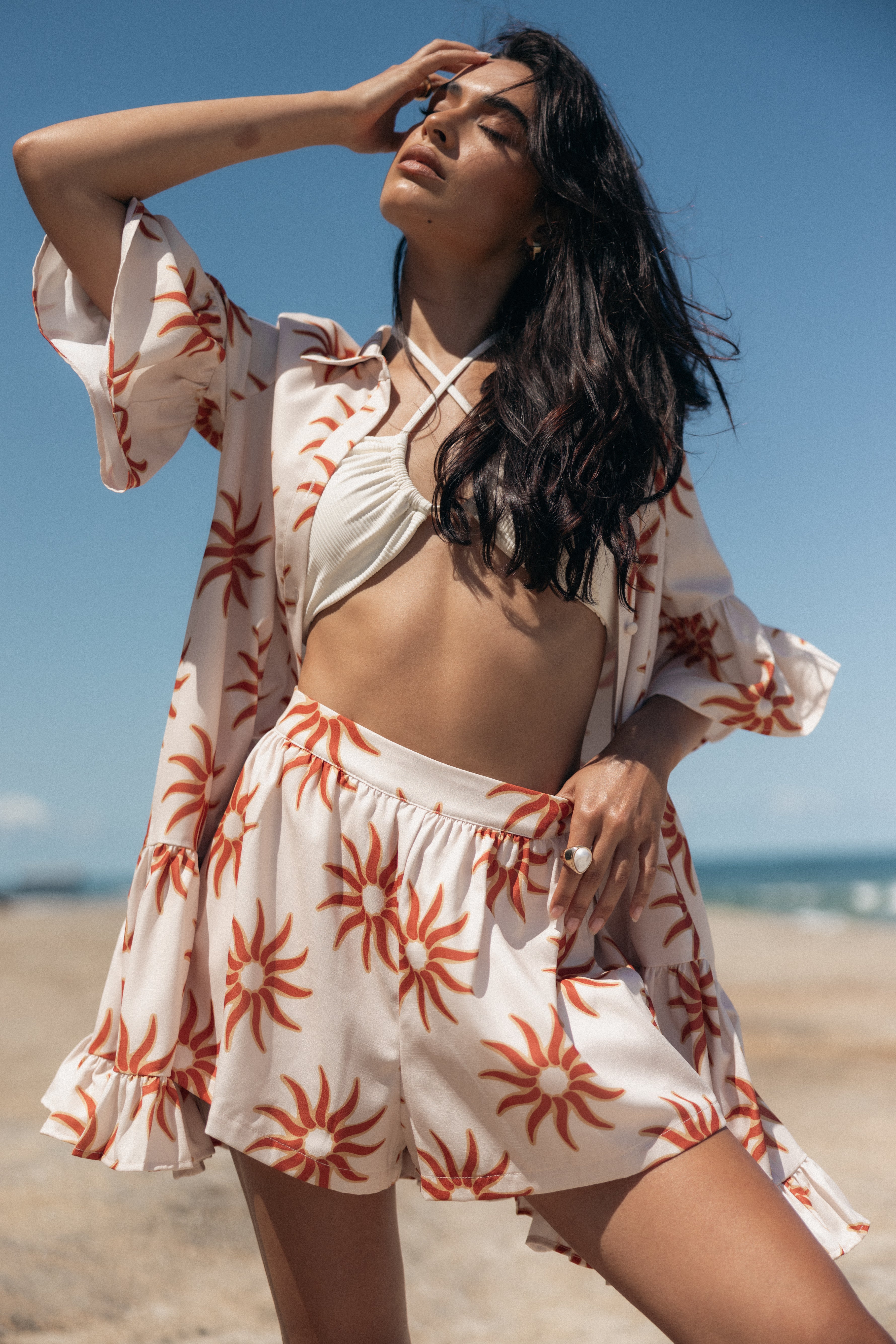 High Waisted Sun Print Shorts - Kase Soleil with Elastic Waist & Pockets