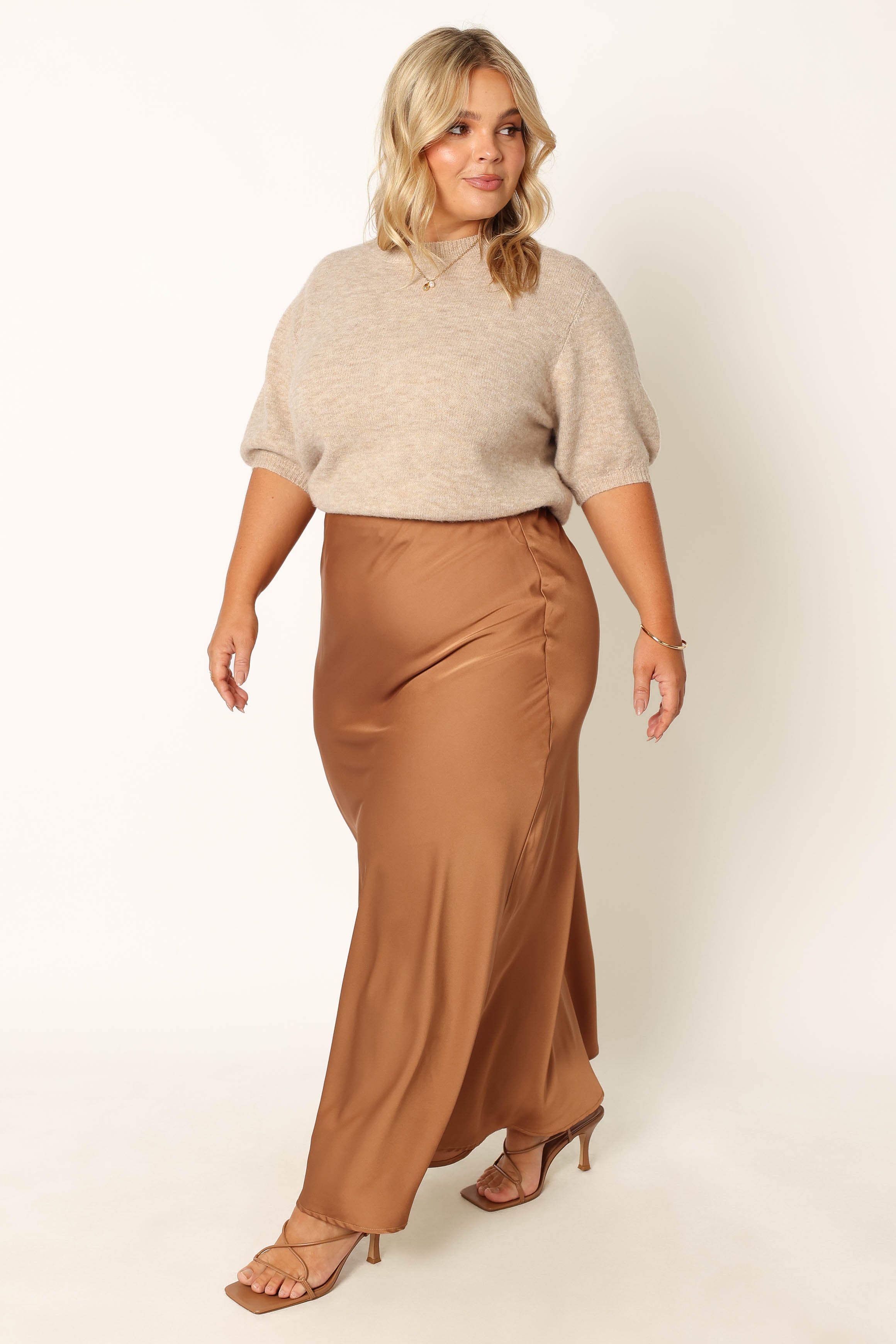 Nellie Bronze Satin Midi Skirt with Elastic Waist