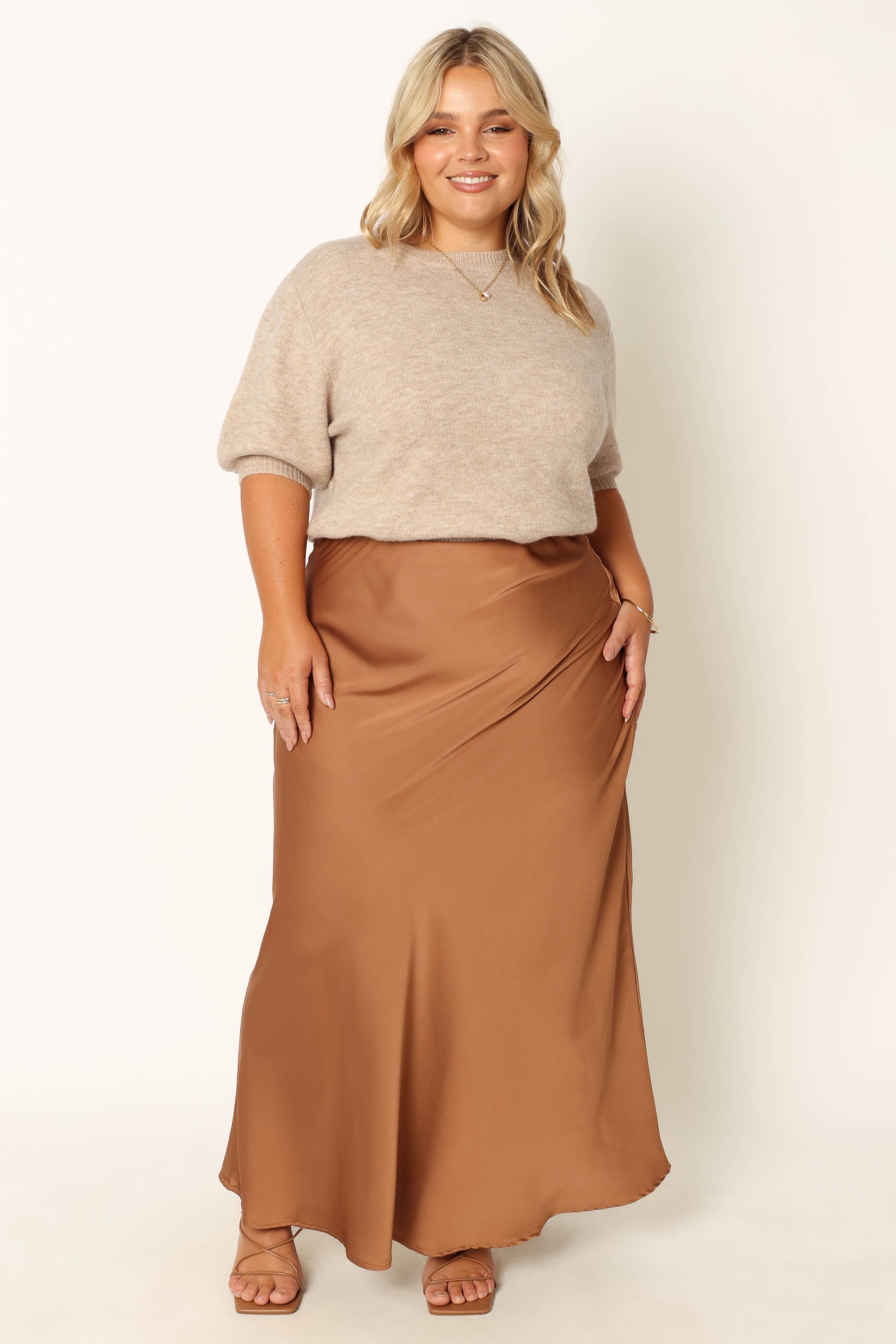 Nellie Bronze Satin Midi Skirt with Elastic Waist