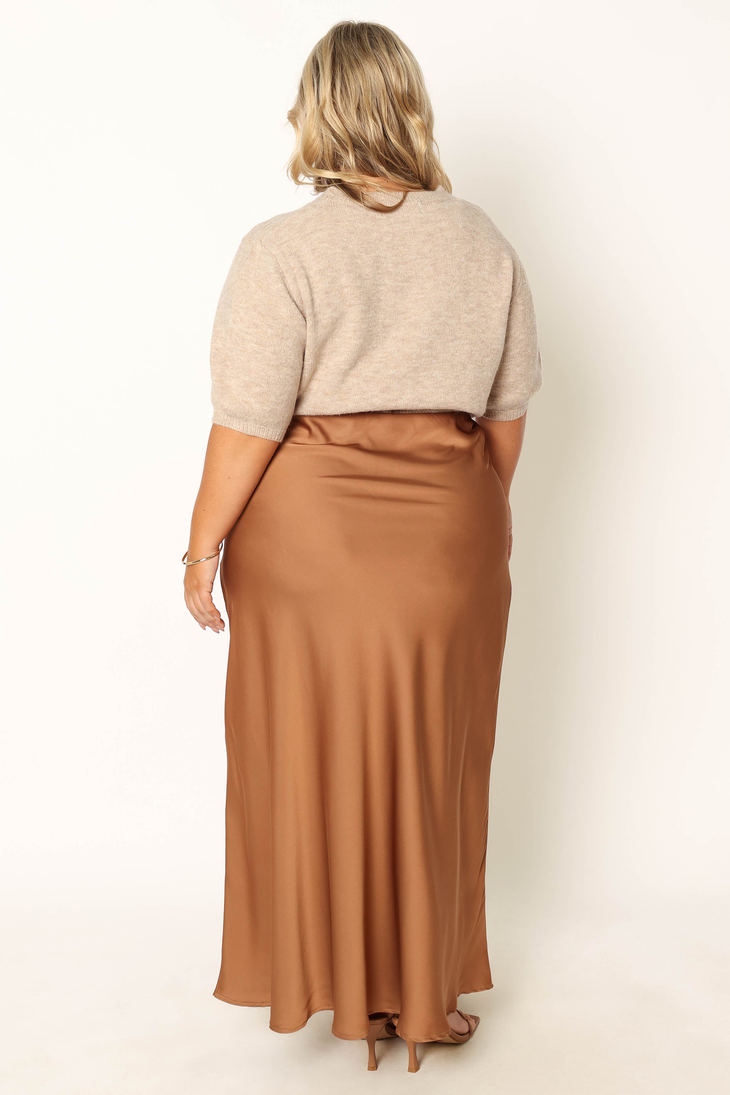 Nellie Bronze Satin Midi Skirt with Elastic Waist