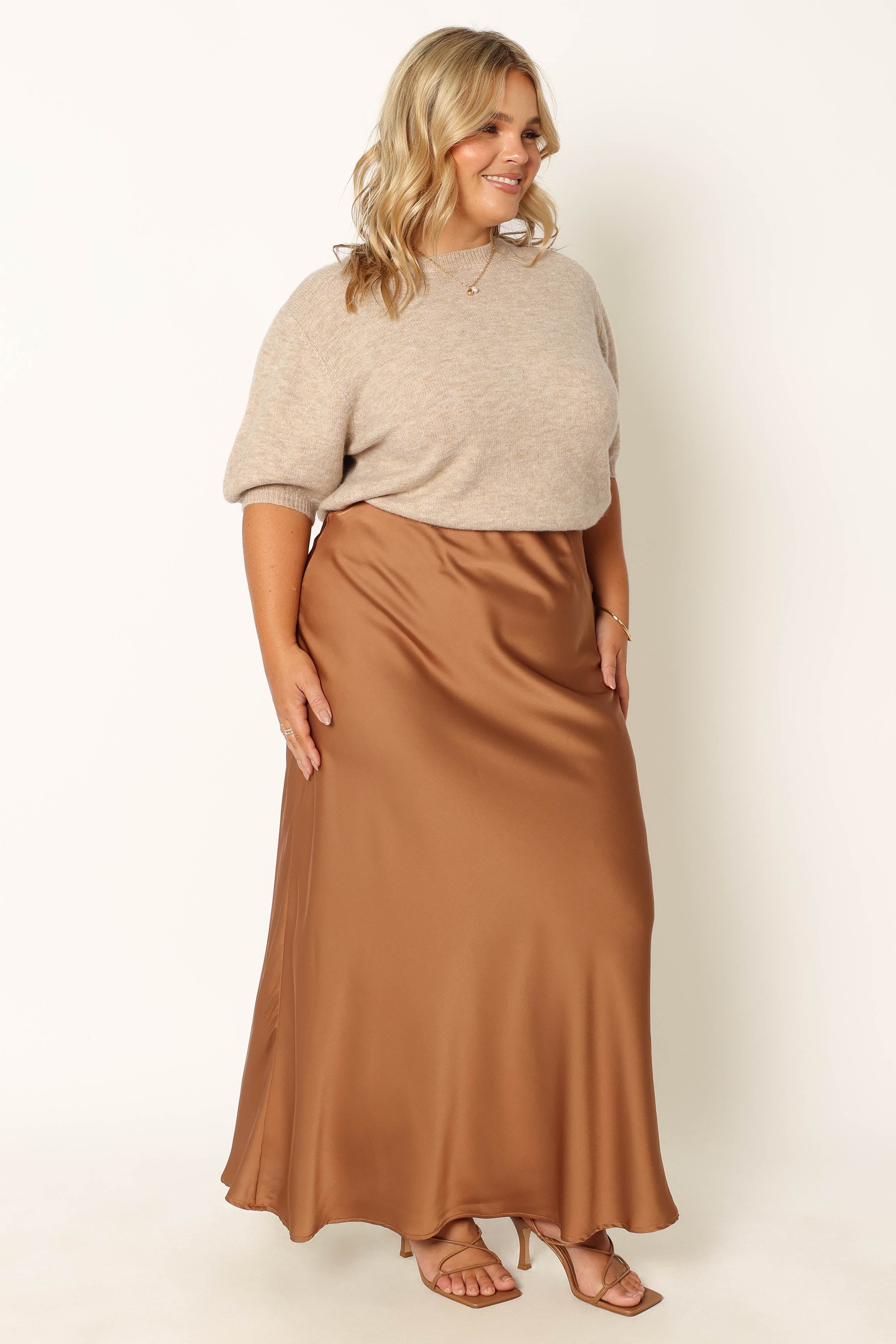 Nellie Bronze Satin Midi Skirt with Elastic Waist