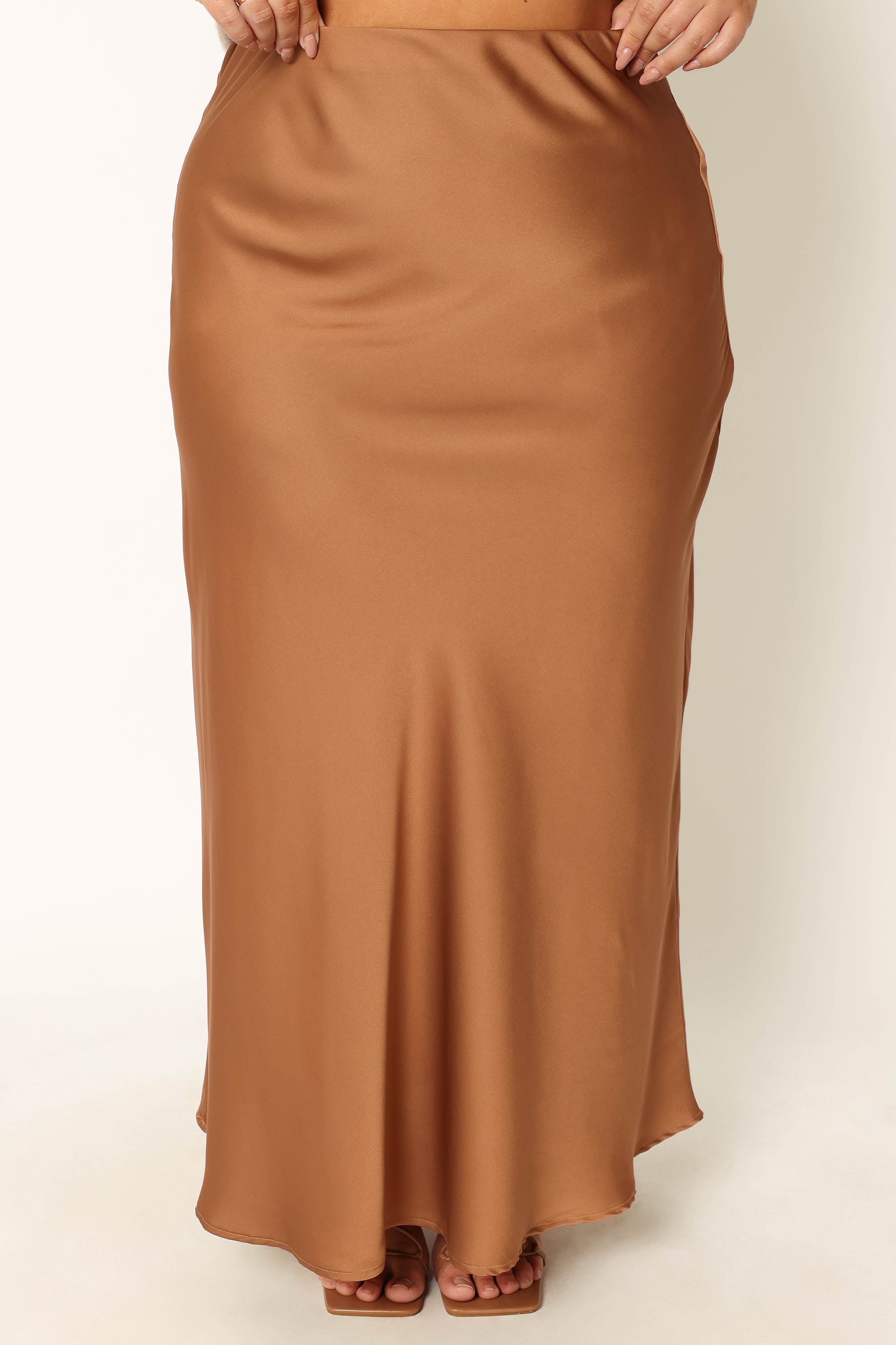 Nellie Bronze Satin Midi Skirt with Elastic Waist