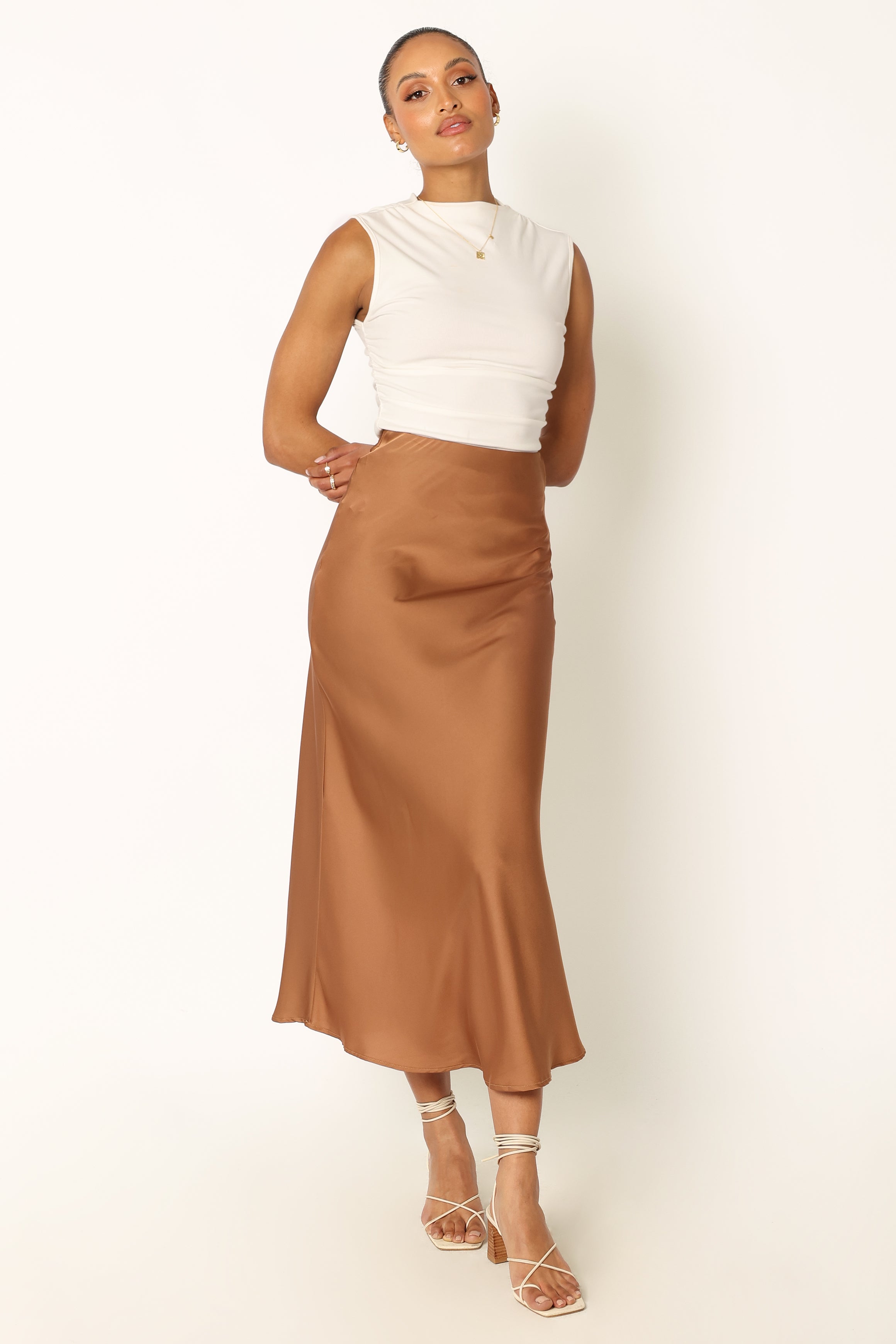 Nellie Bronze Satin Midi Skirt with Elastic Waist
