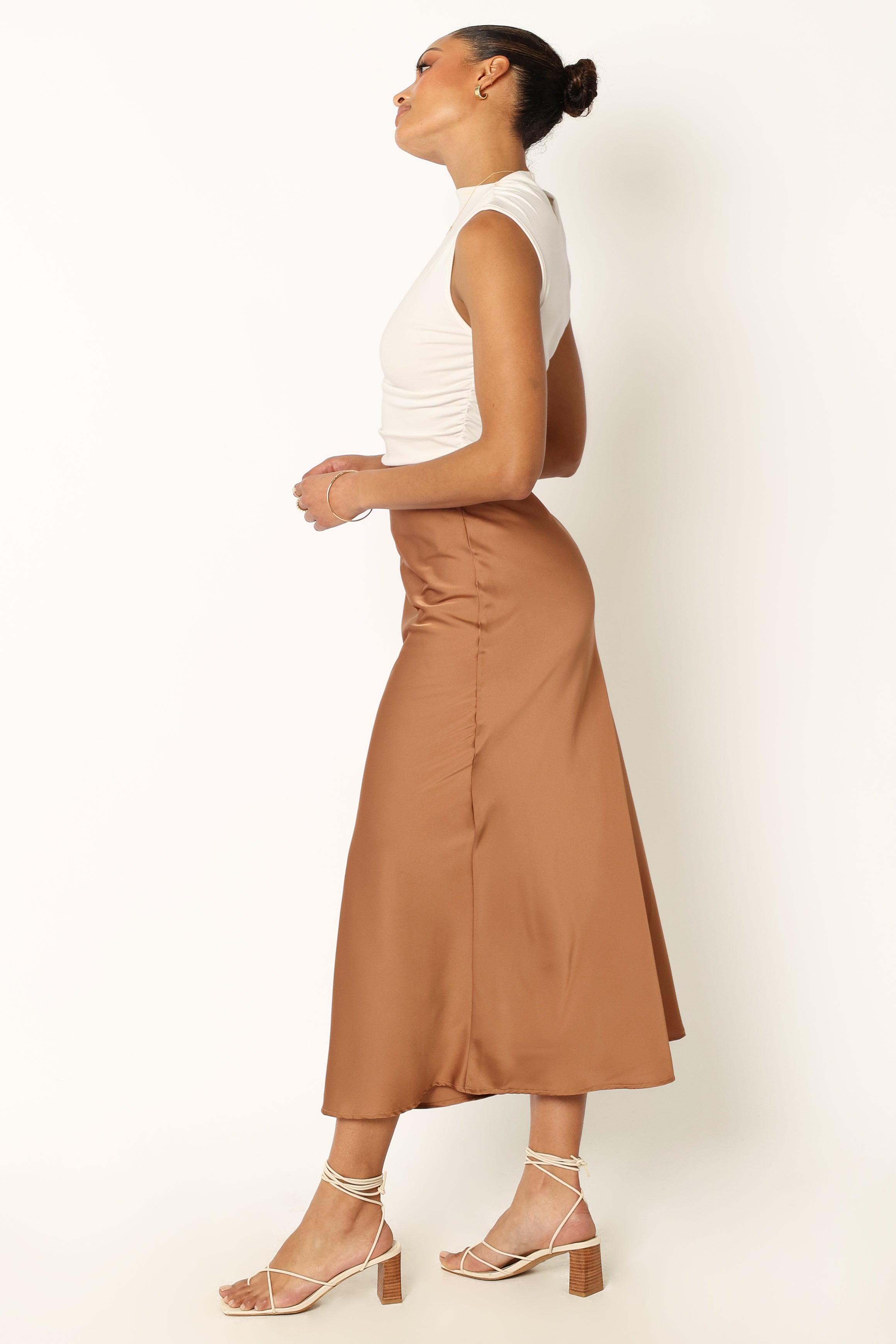 Nellie Bronze Satin Midi Skirt with Elastic Waist