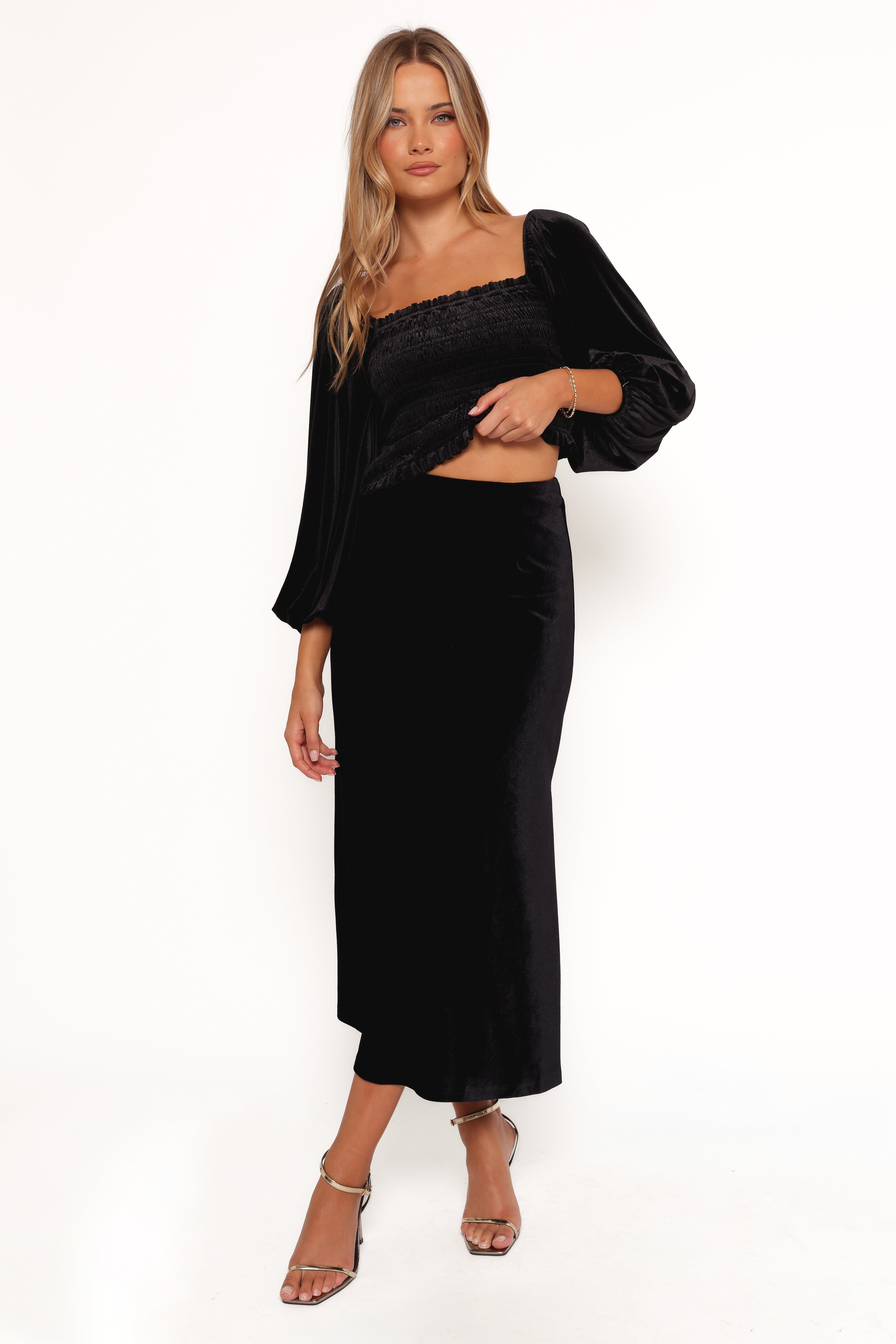 Black Velvet Midi Skirt with Side Split - Raelynn