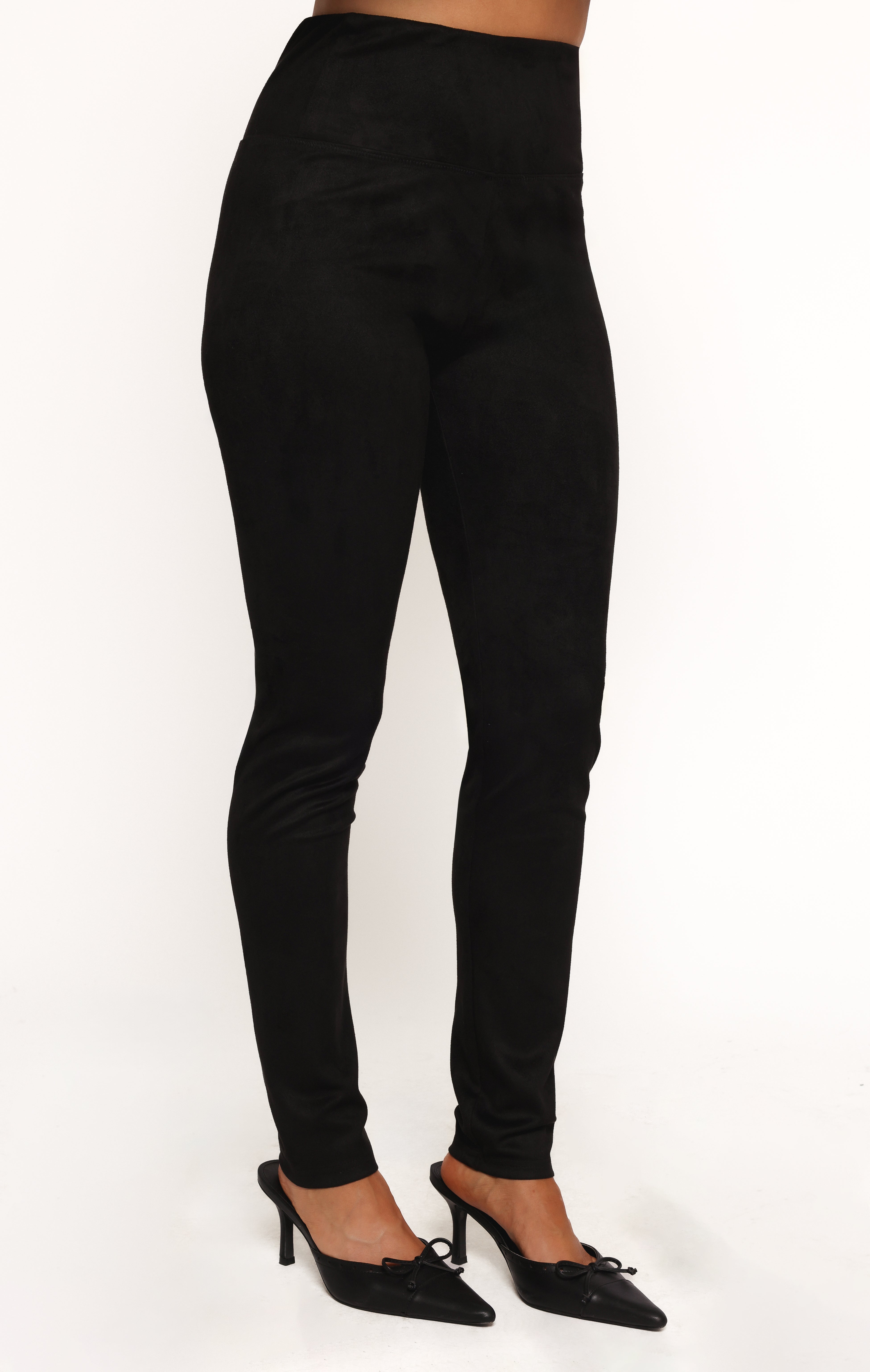 Carolyn High Waisted Faux Suede Pants - Slim Fit Black Polyester