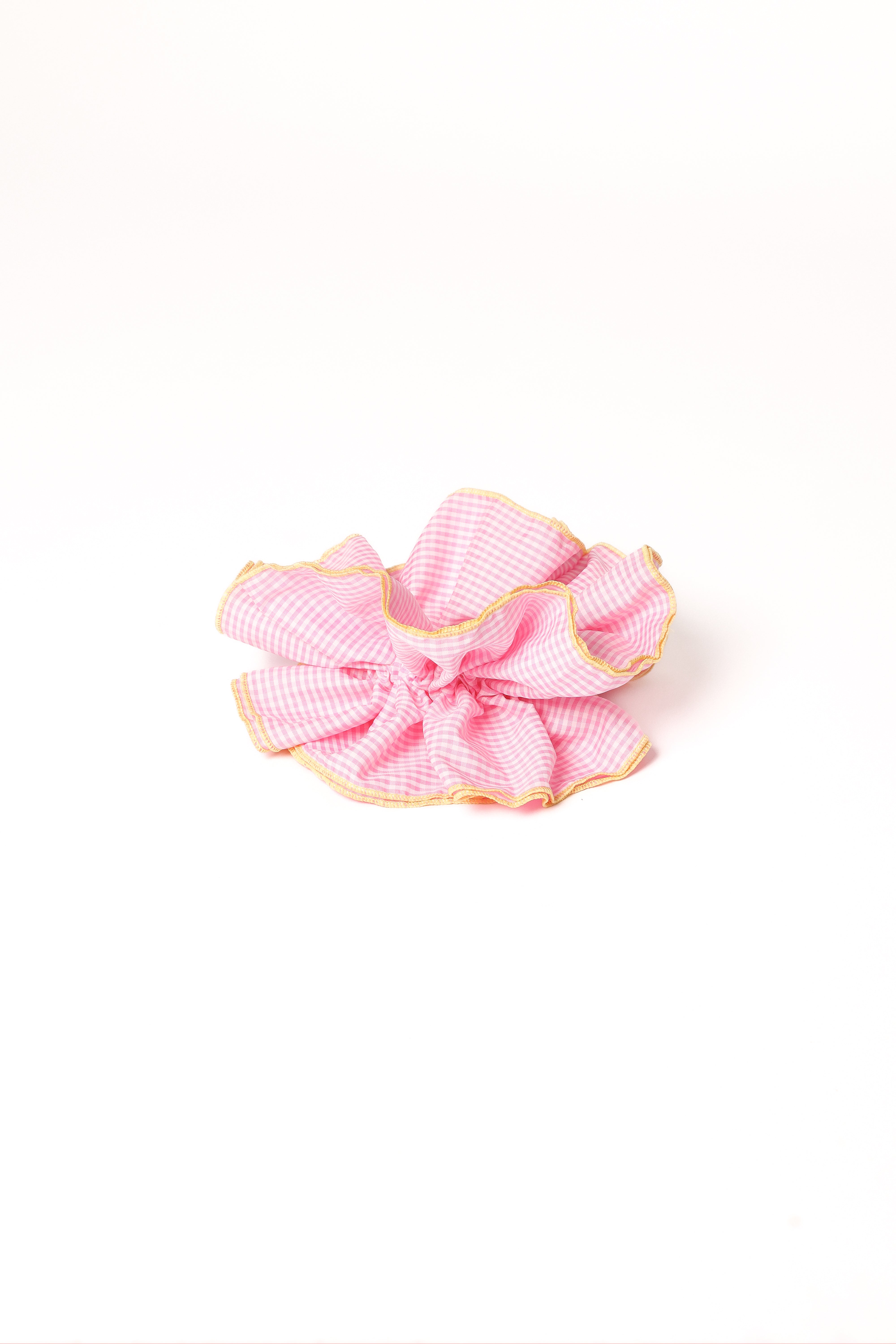 Tegan Soft Plush Scrunchie - Pink Gingham & Yellow Trim