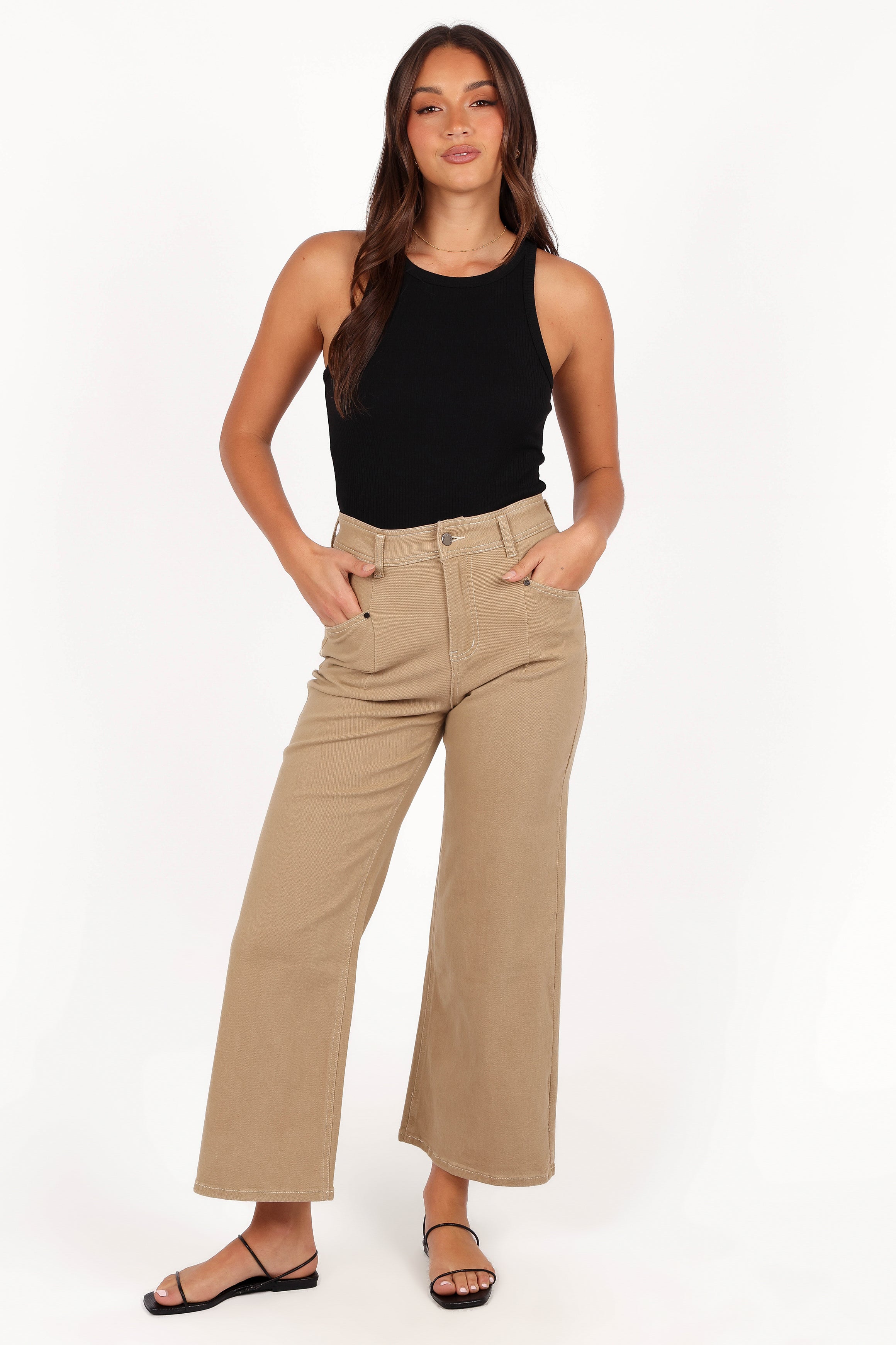 High Waisted Wide Leg Pants for Women - Taupe Cotton Blend