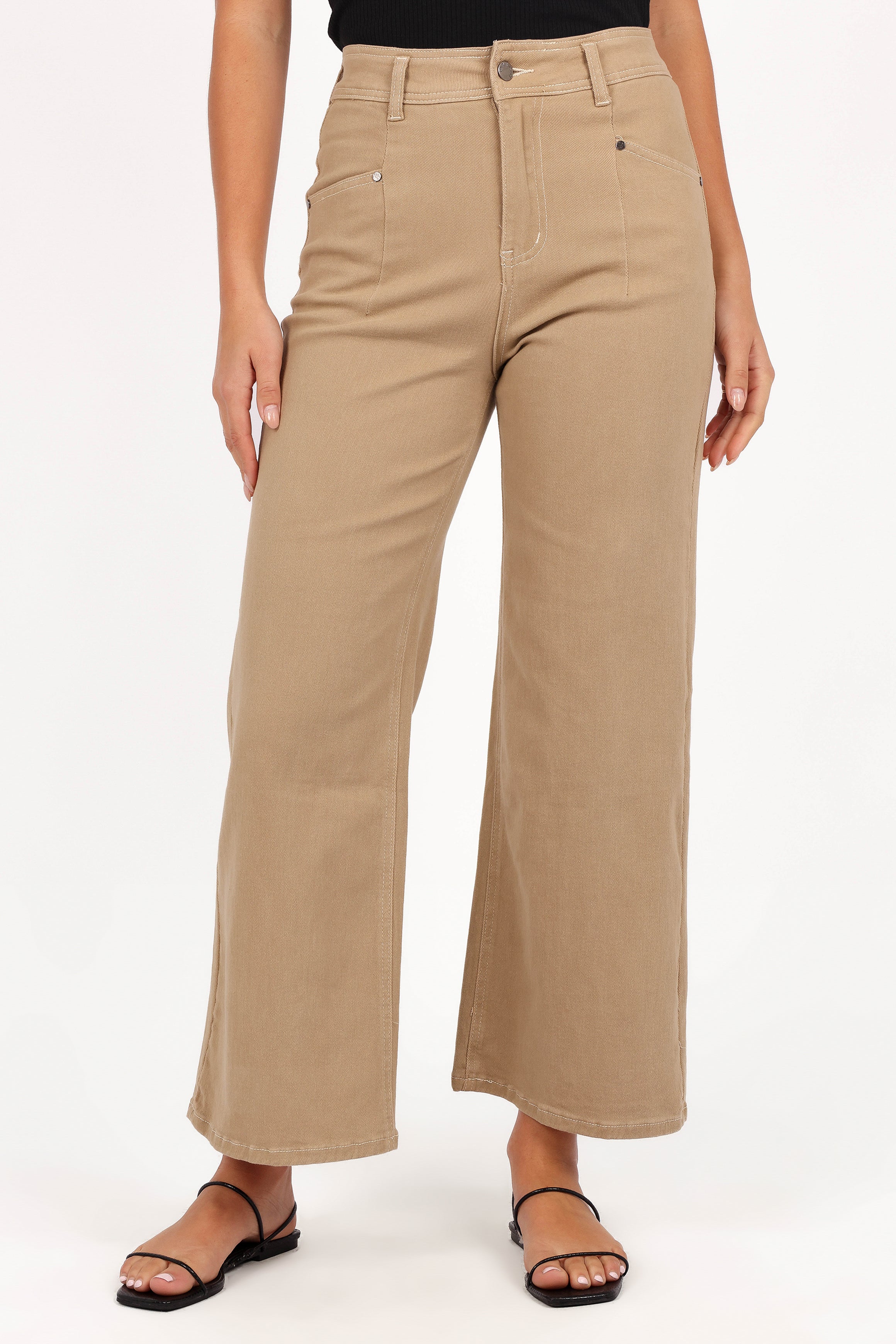 High Waisted Wide Leg Pants for Women - Taupe Cotton Blend