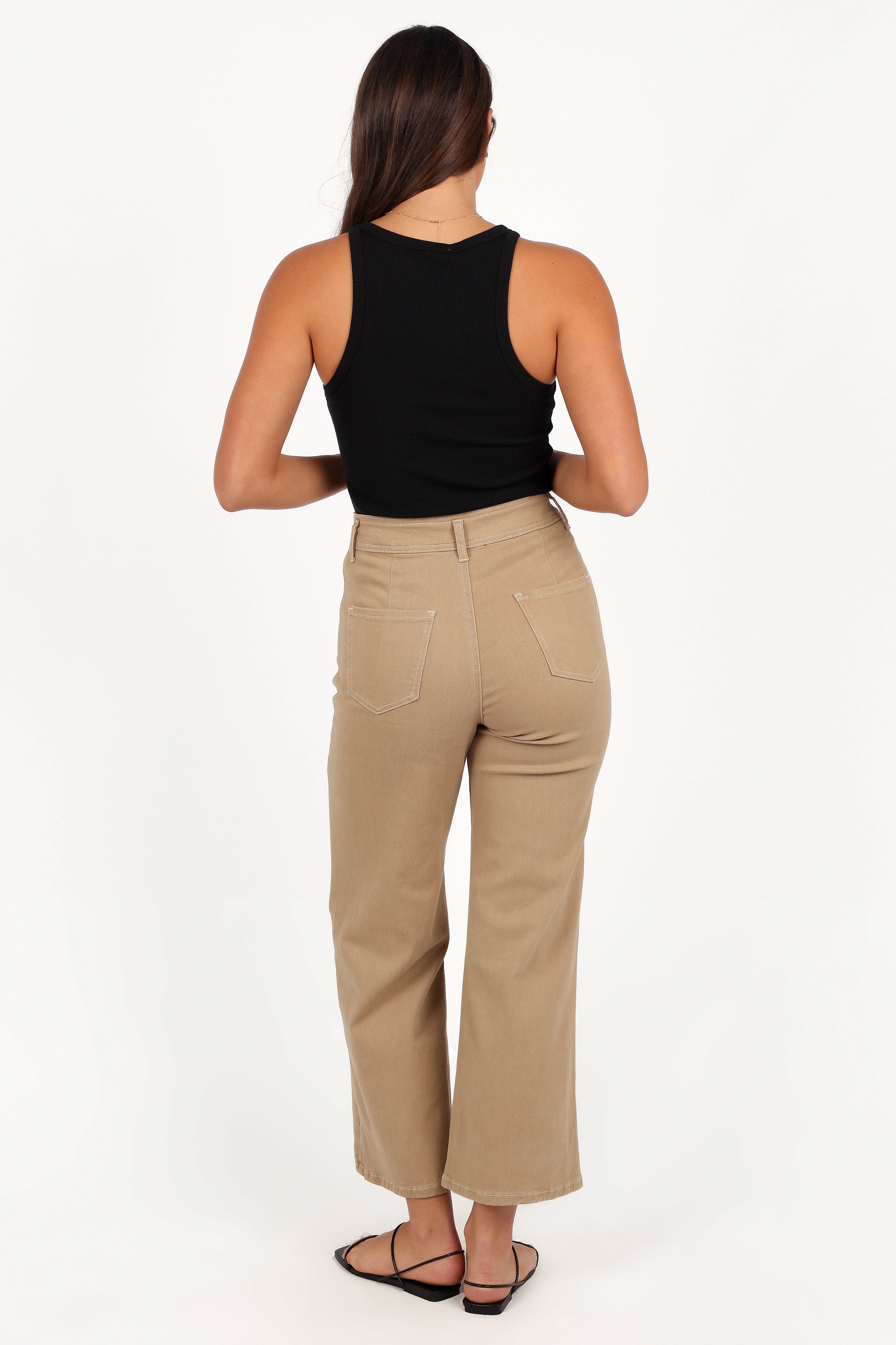 High Waisted Wide Leg Pants for Women - Taupe Cotton Blend