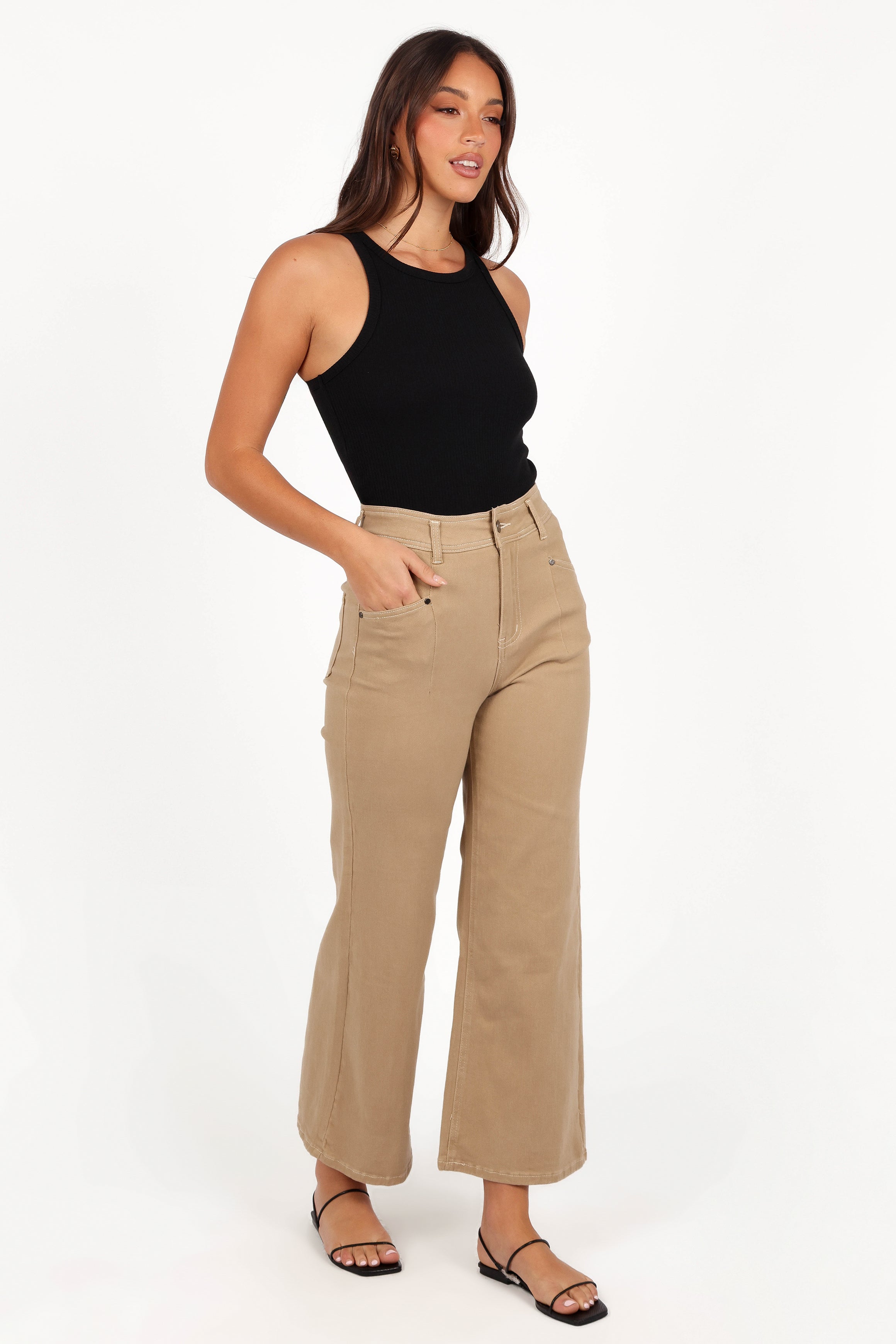 High Waisted Wide Leg Pants for Women - Taupe Cotton Blend