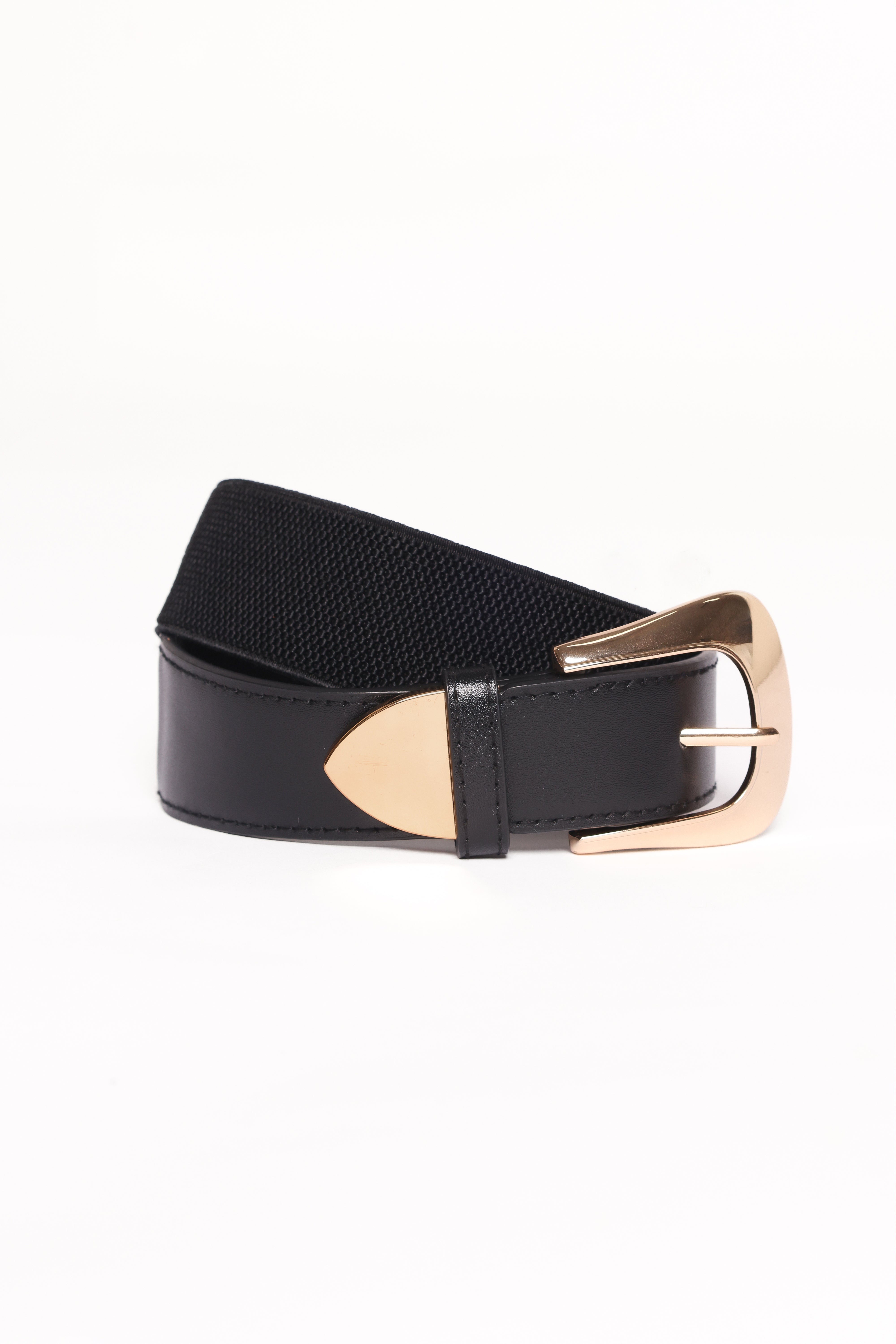 Black Faux Leather Briar Belt with Gold Buckle - Elastic Waist Strap