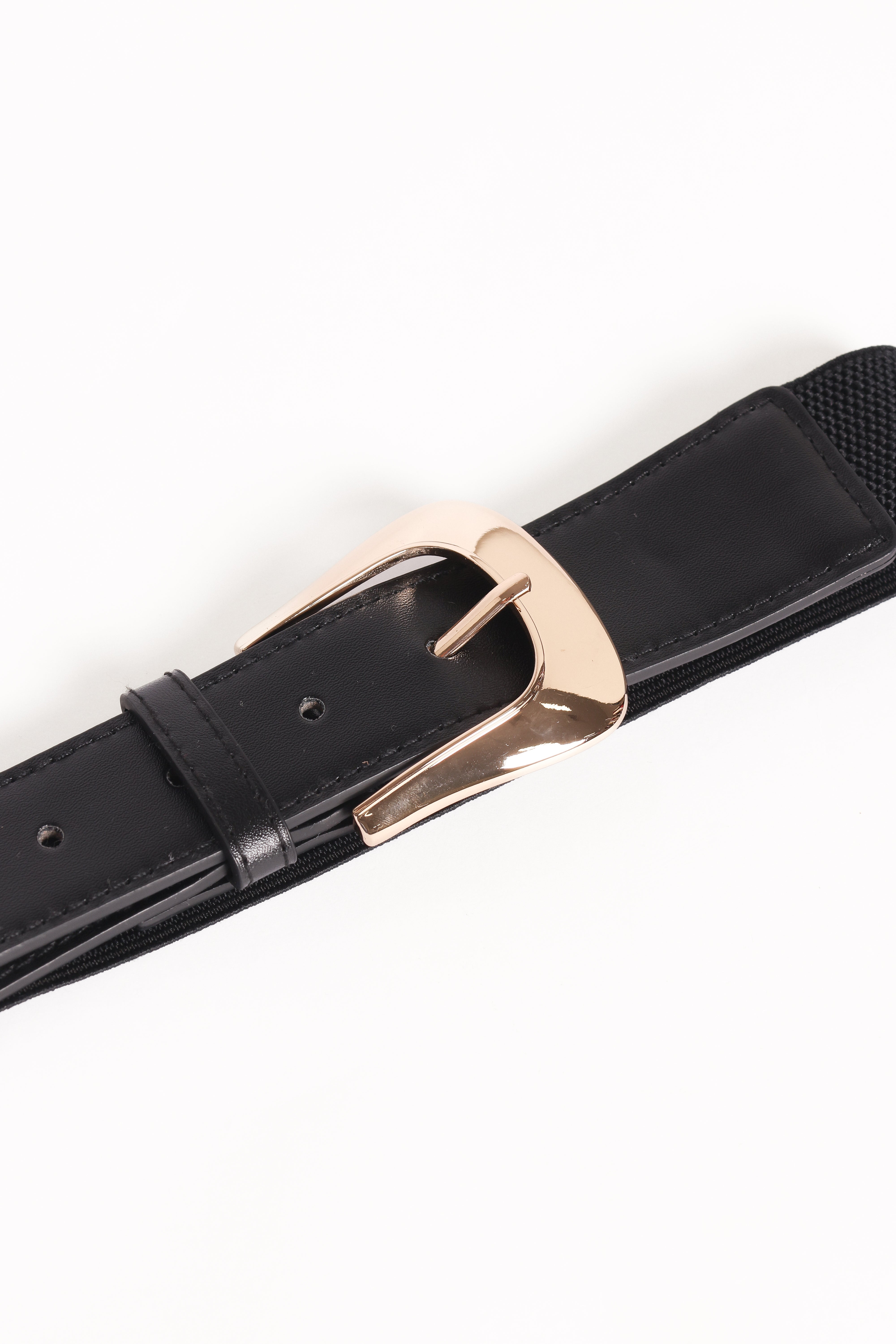 Black Faux Leather Briar Belt with Gold Buckle - Elastic Waist Strap