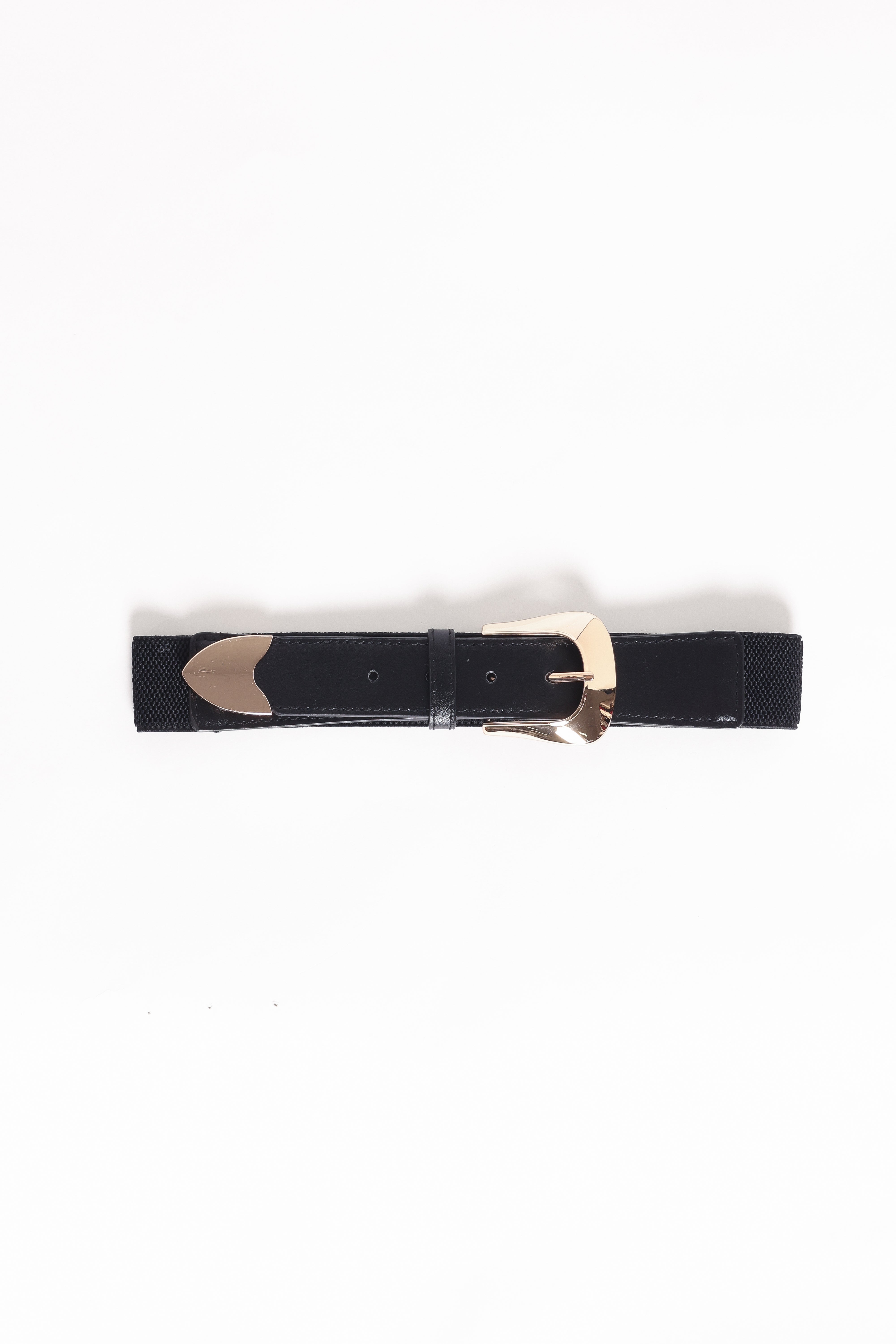 Black Faux Leather Briar Belt with Gold Buckle - Elastic Waist Strap