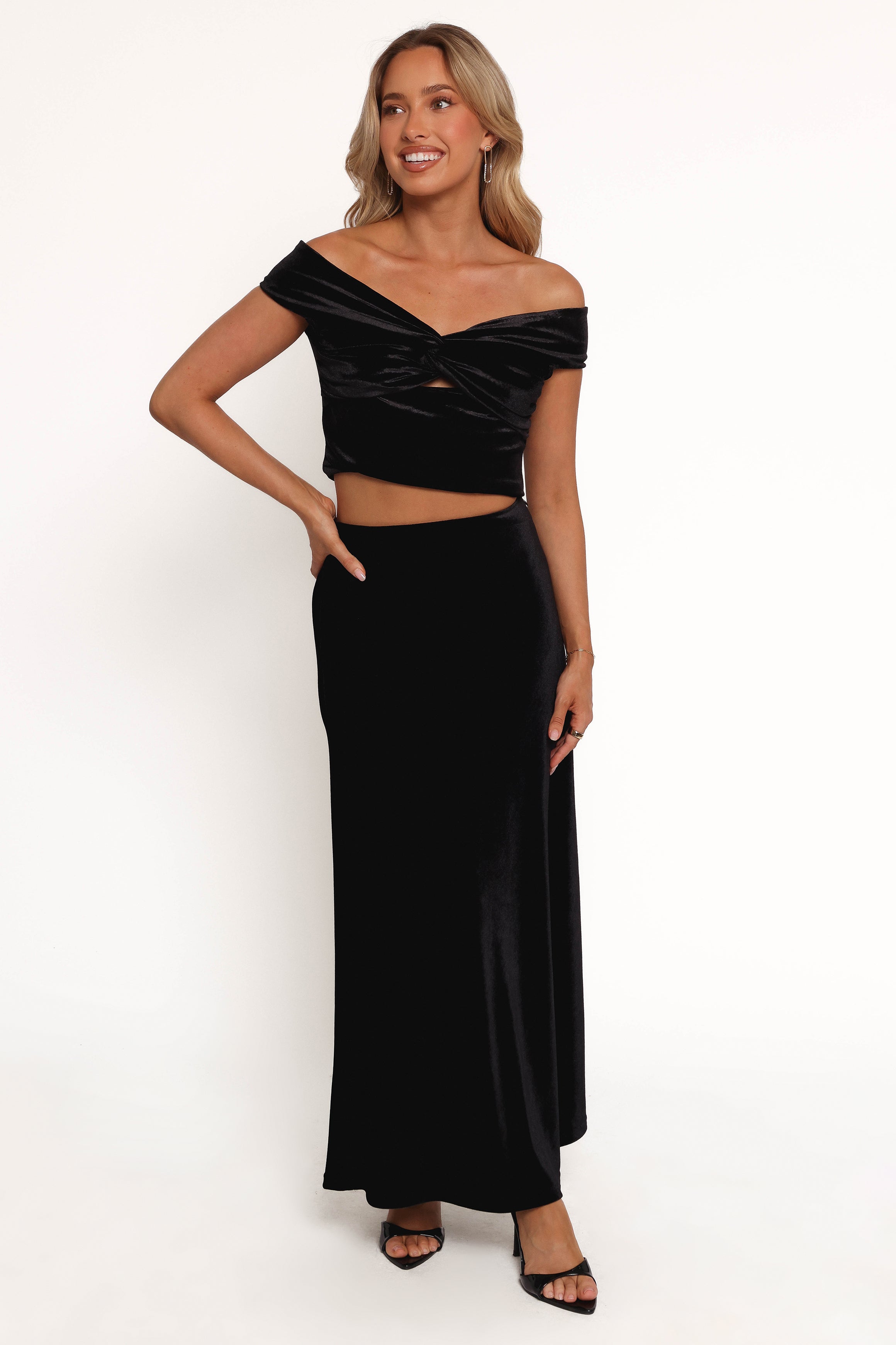 Suri Black Velvet High Waist Maxi Skirt - Polyester Spandex