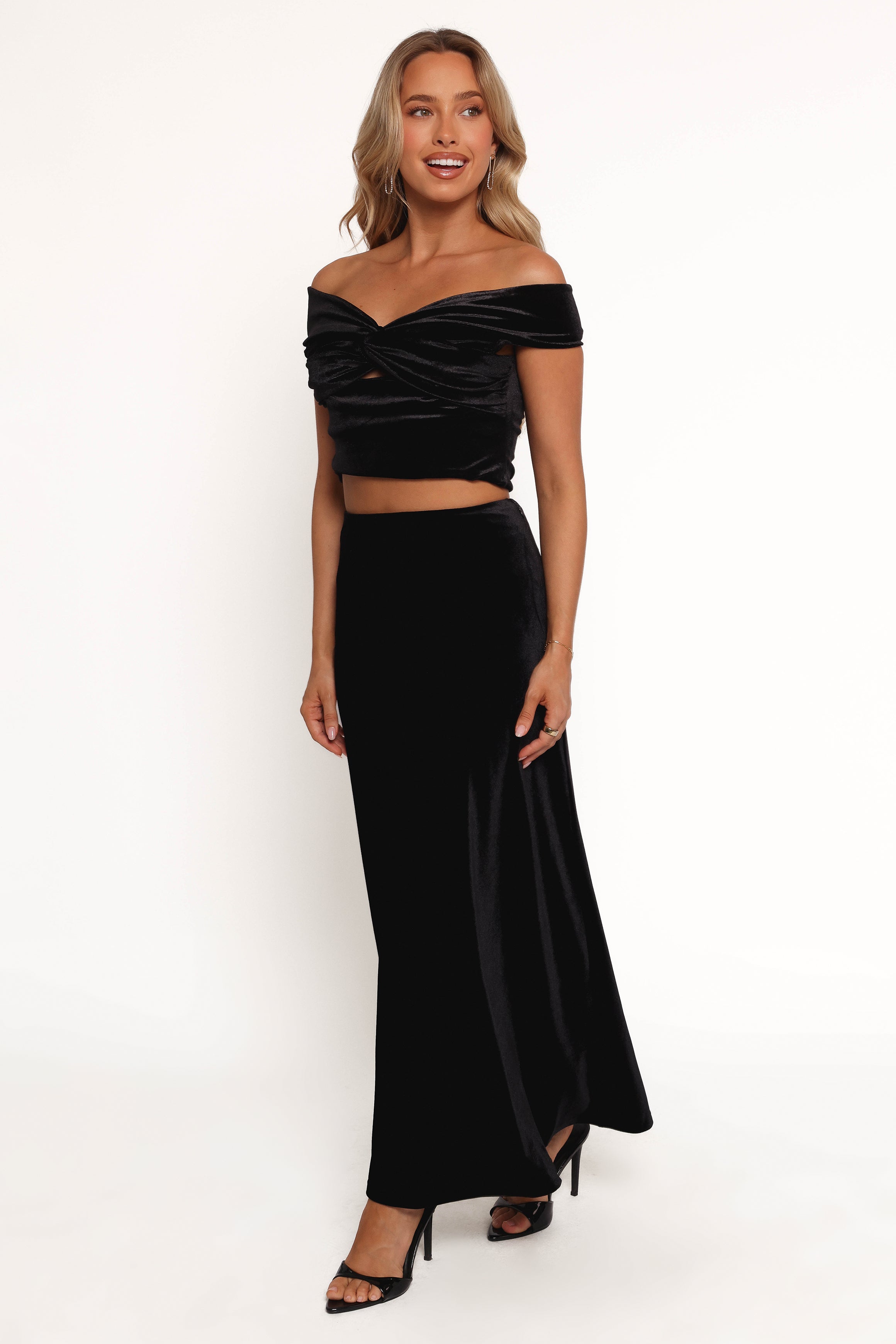 Suri Black Velvet High Waist Maxi Skirt - Polyester Spandex