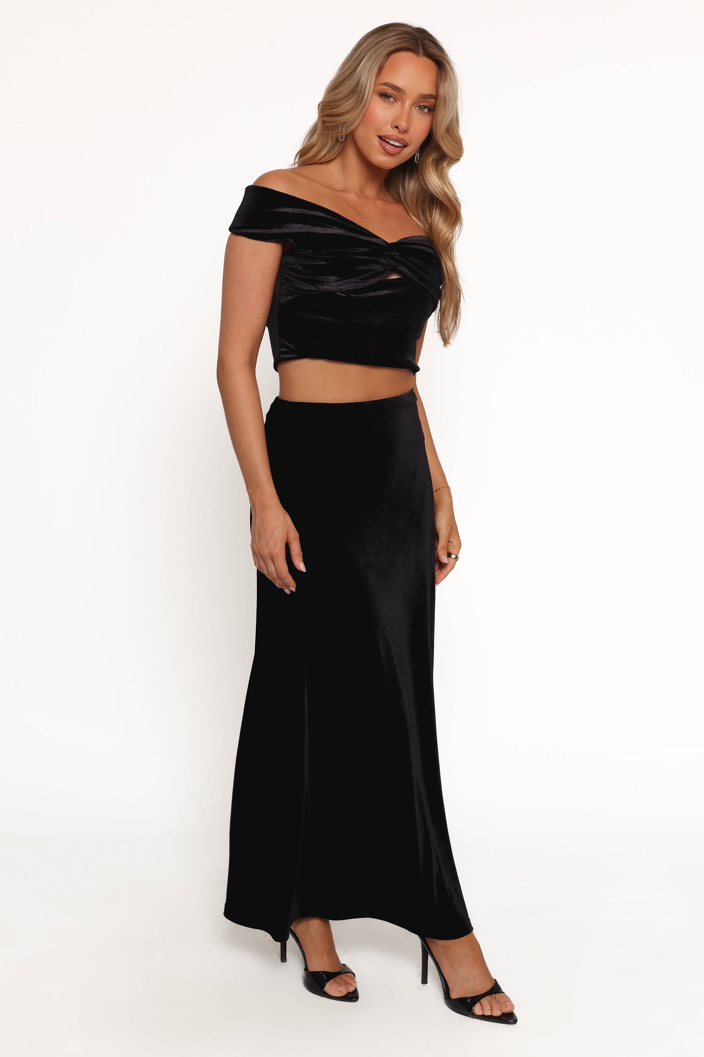 Suri Black Velvet High Waist Maxi Skirt - Polyester Spandex