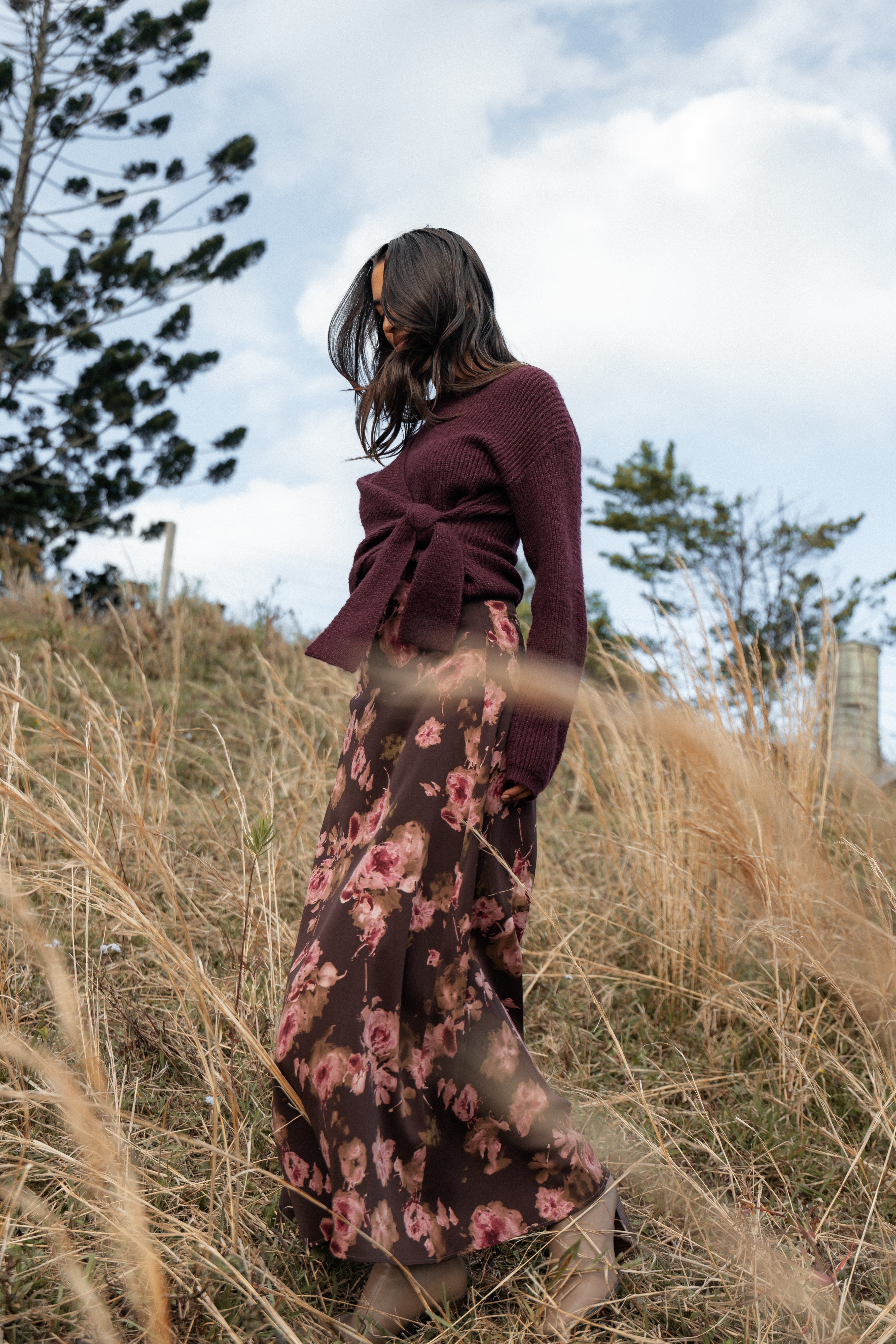 Floral Print Midi Skirt - Vivie Chocolate A-Line Design