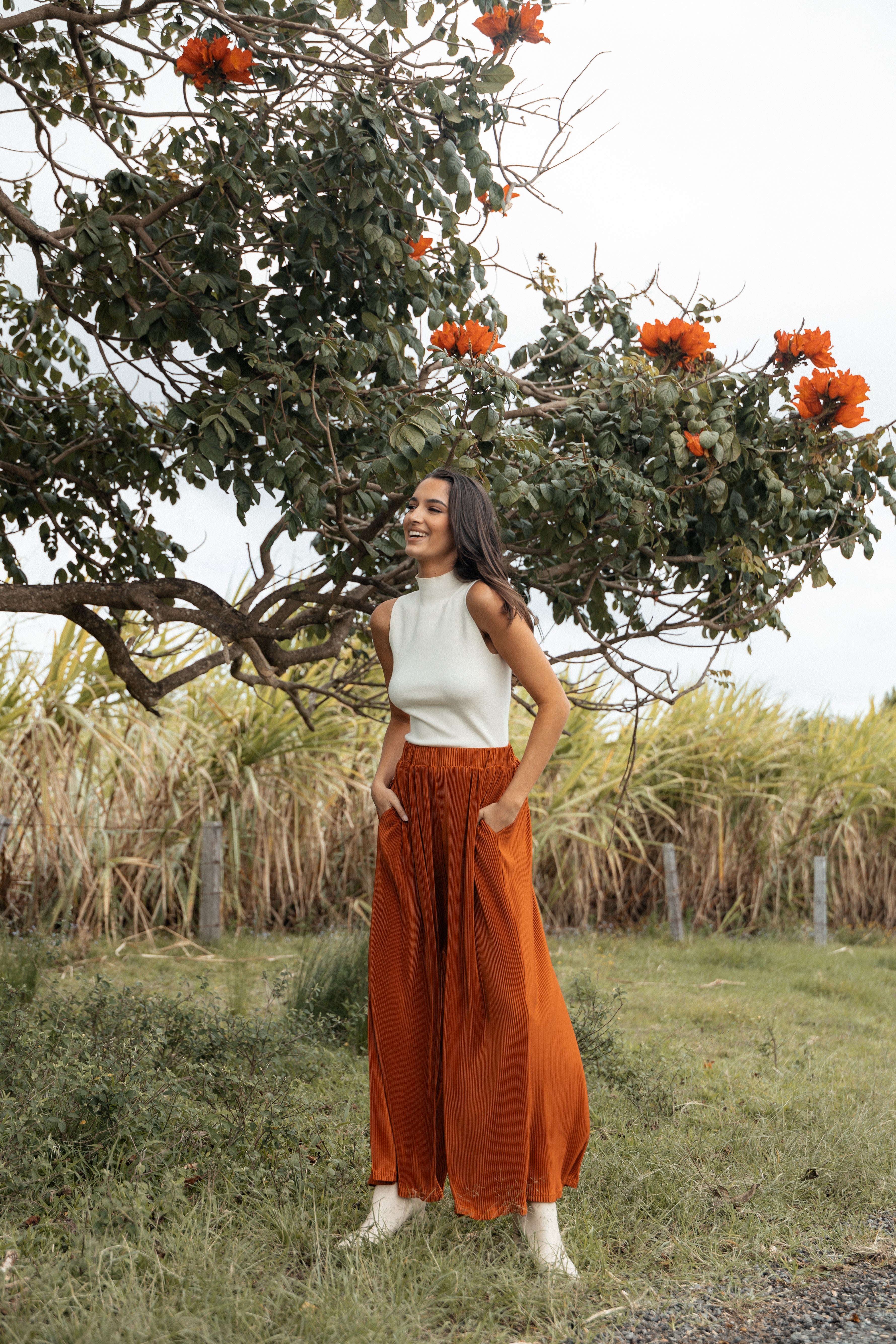 Leria High Waisted Wide Leg Plissé Pants - Burnt Orange