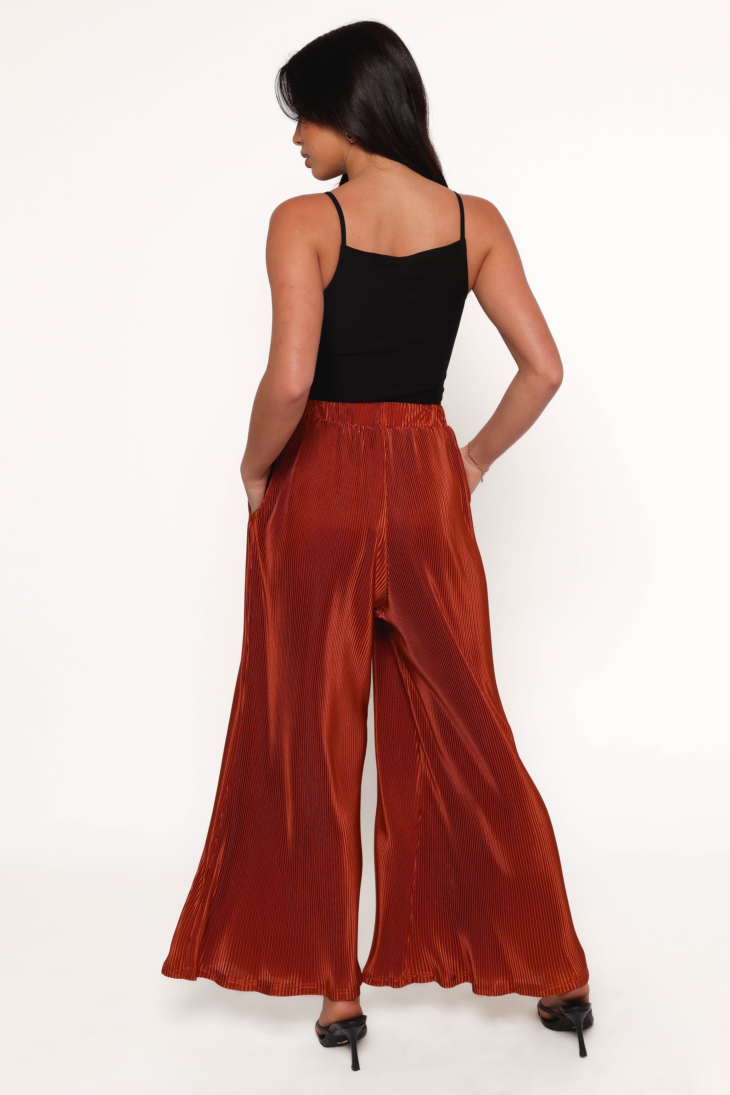 Leria High Waisted Wide Leg Plissé Pants - Burnt Orange
