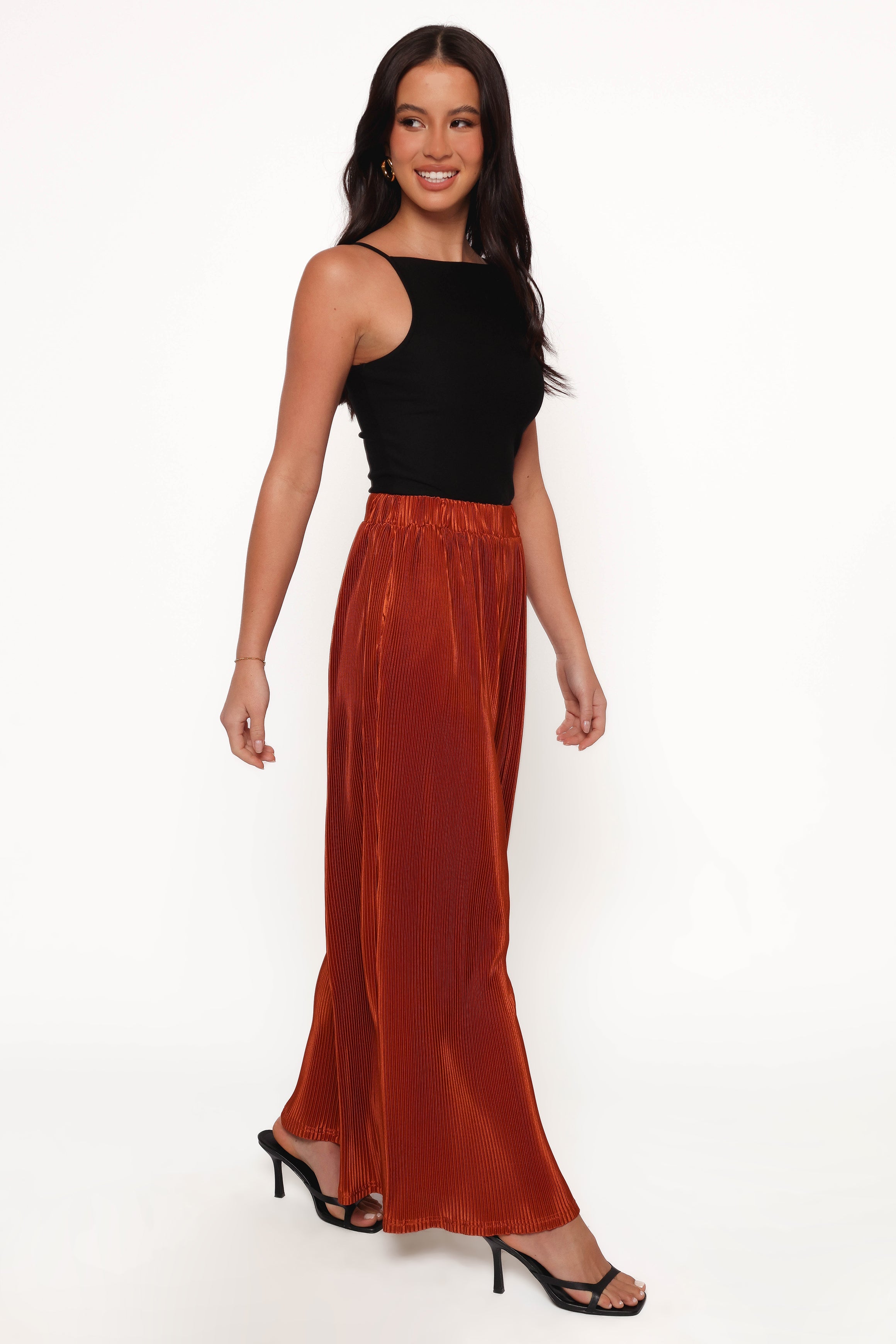 Leria High Waisted Wide Leg Plissé Pants - Burnt Orange