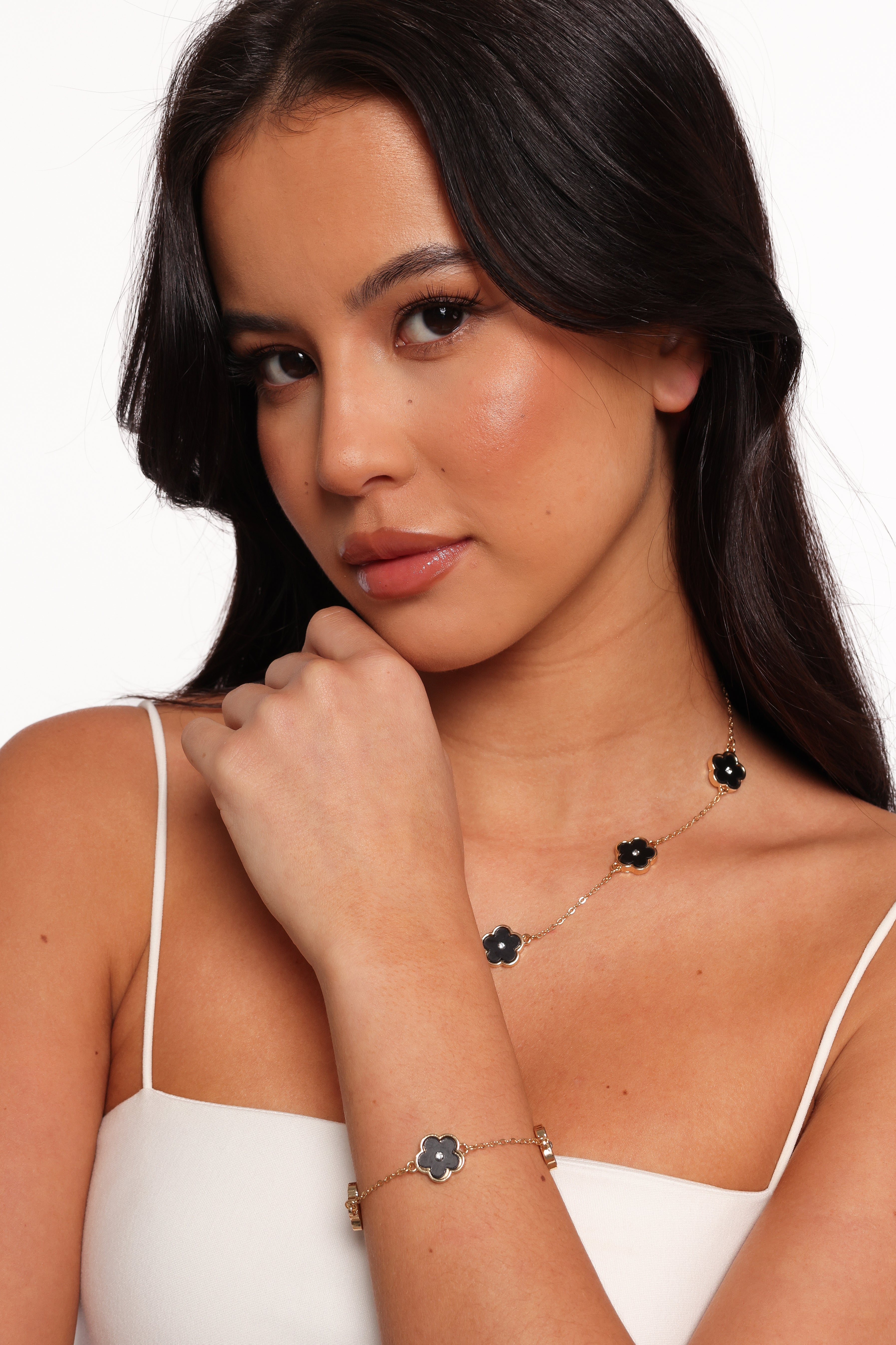 Gold Flower Necklace & Bracelet Set - Dorothea Black Floral Jewelry