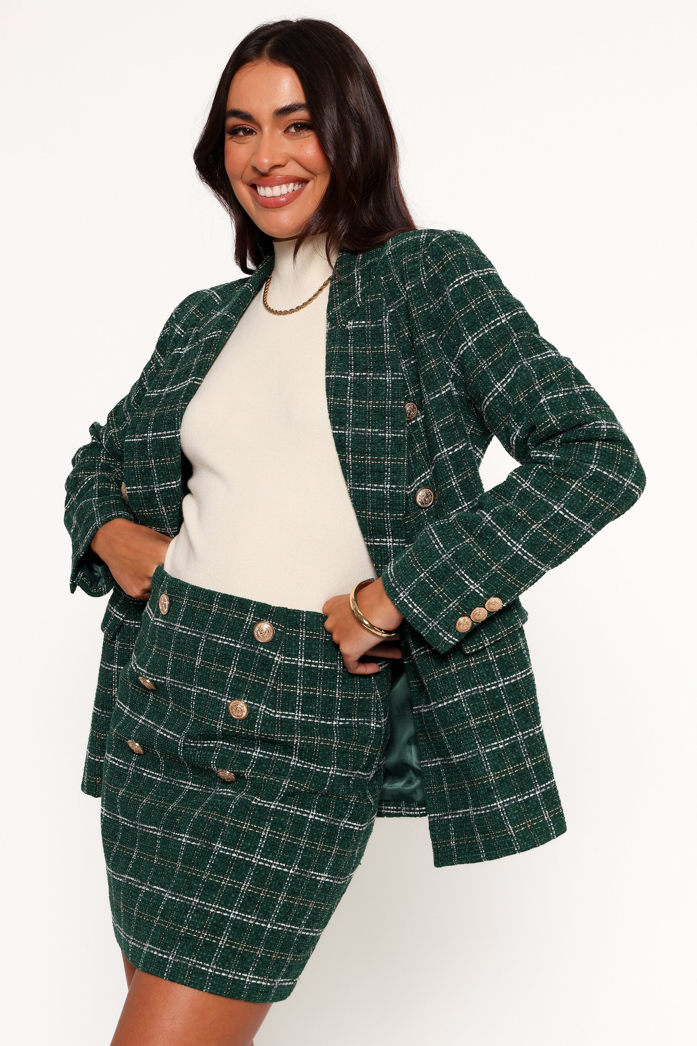 Zadia Green Plaid Mini Skirt with Gold Buttons